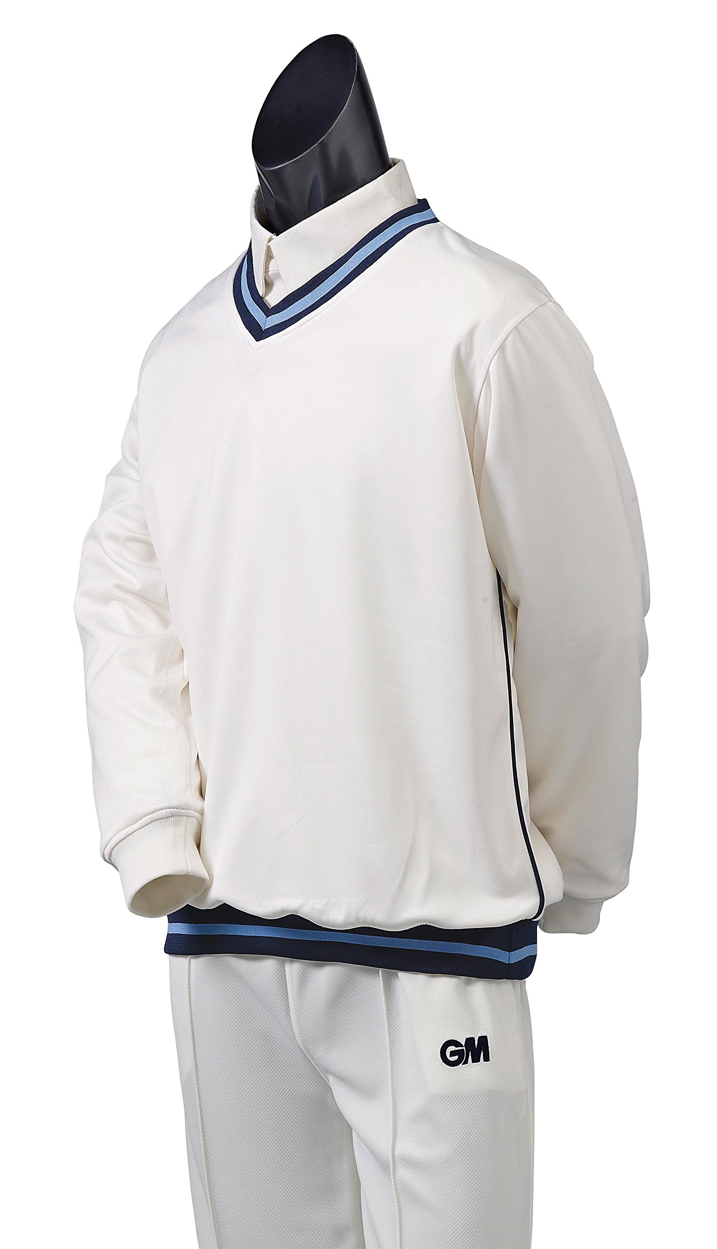 Gunn & Moore GM | Cricket Sweater Pullover | Teknik - Shell Fabric with Fleece Lining | Long Sleeve | Off White with Navy Blue & Sky Blue Trimmed Collar & Hem | XL to fit chest 44" โ image 1
