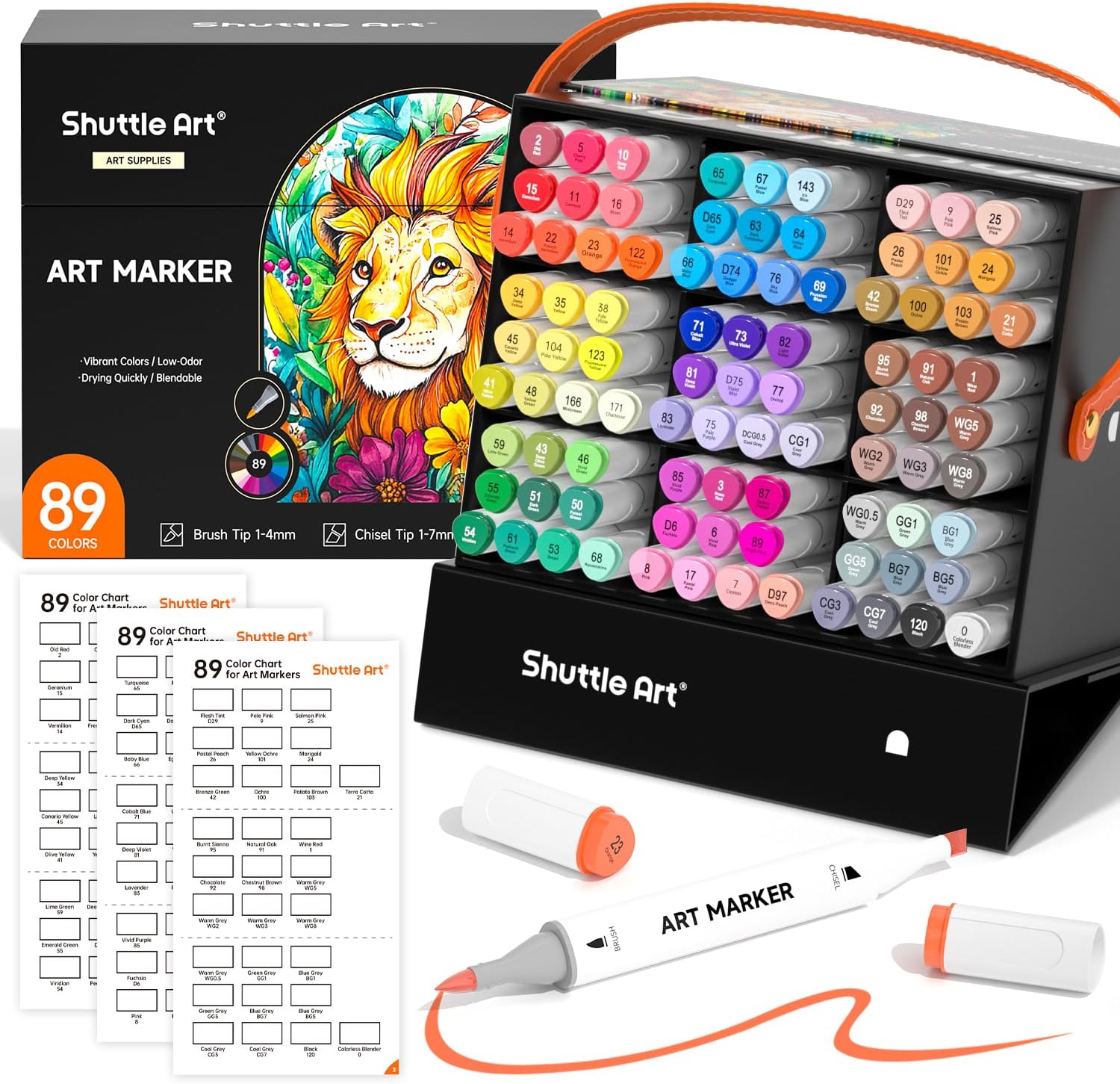 - Shuttle Art Brush Tip Alcohol Markers, Dual Tip Brush & Chisel Tip Art Marker Set, 89 Colors Marker Pens with Organized Case Perfect for Illustration Students Adults Coloring Sketching