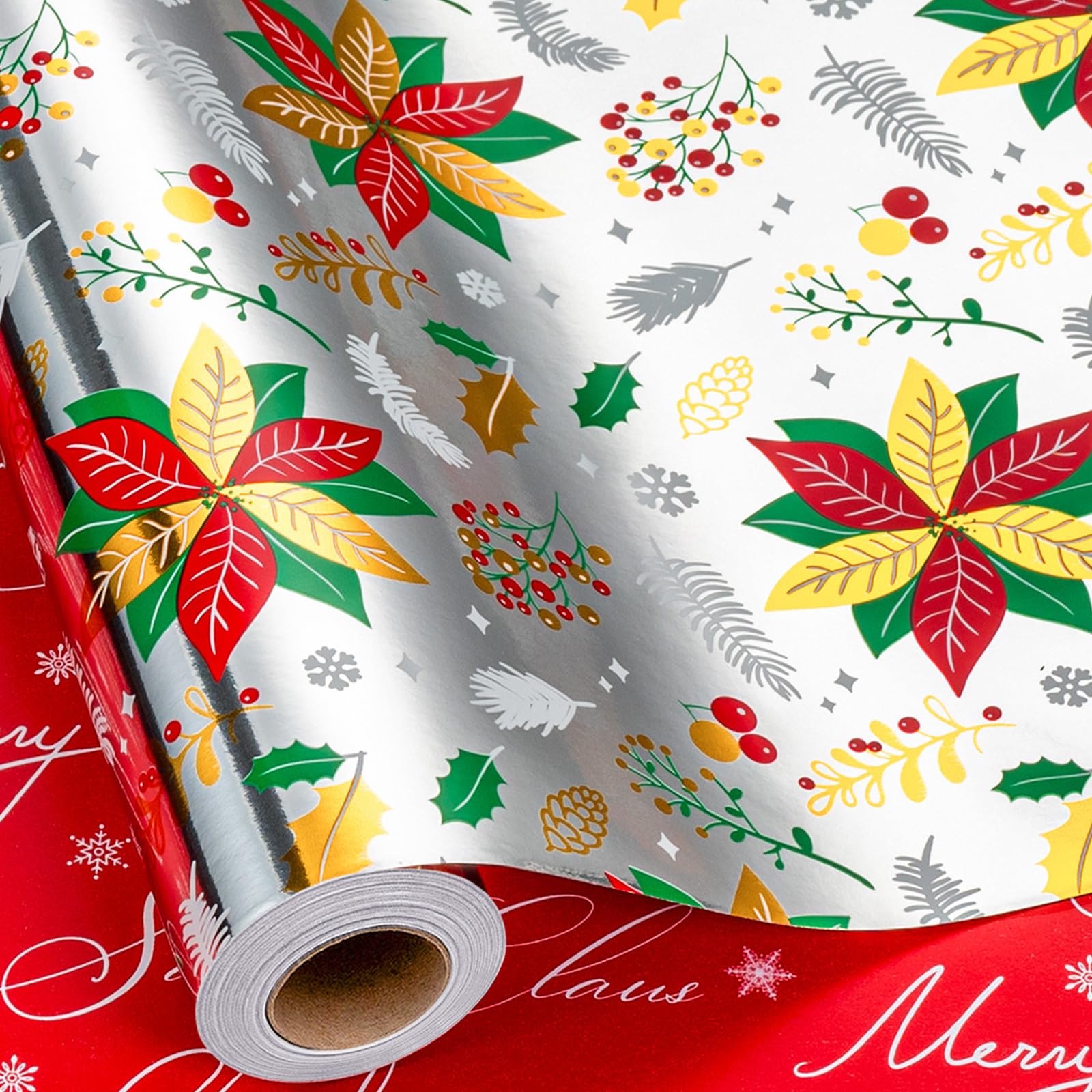 Wikadlik Silver Christmas Wrapping Paper Roll - Gift Wrap Paper 43cm x 10m Cute Red Dahlia Berry Elegant Design โ image 1