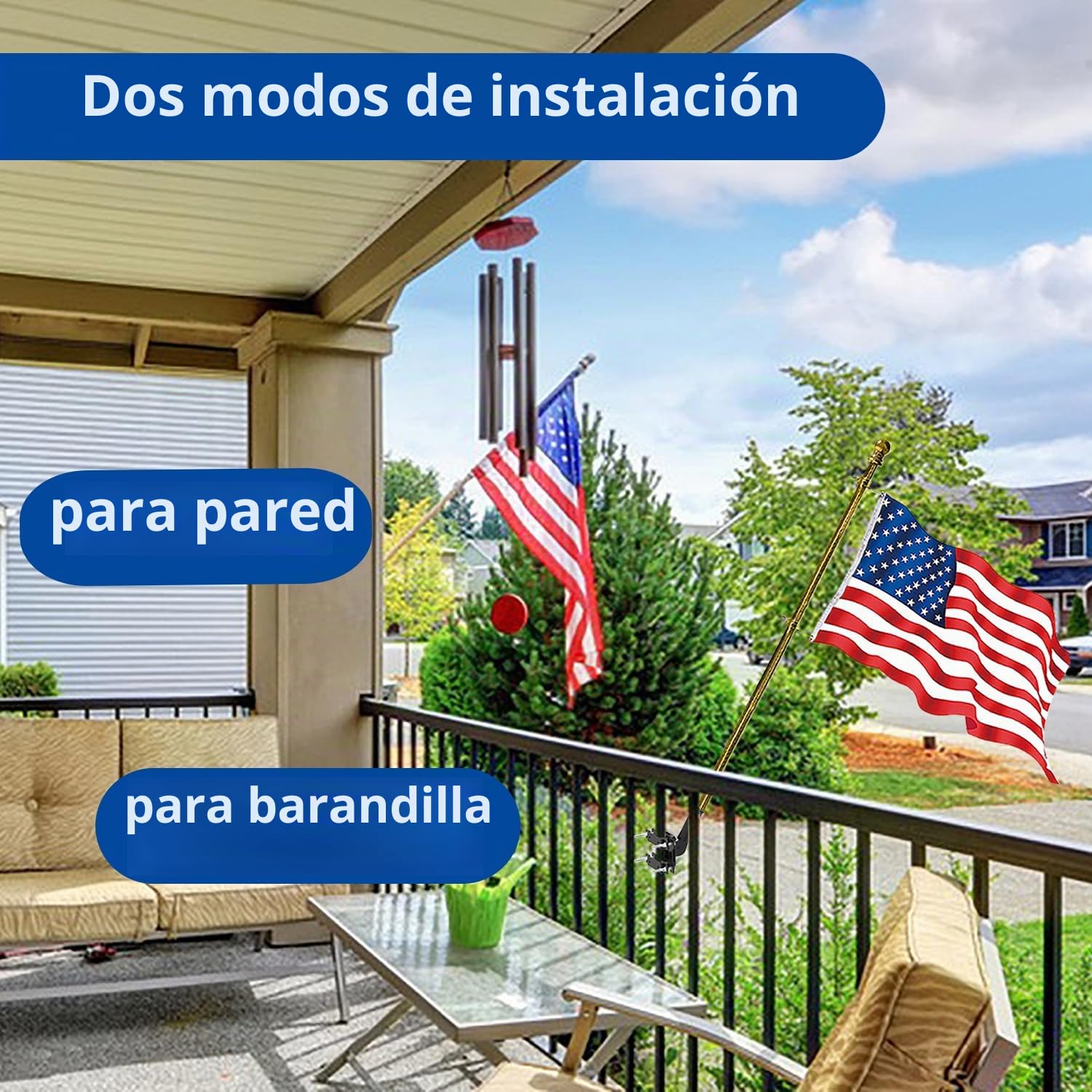 Soporte para mástil de bandera sin perforación para barandilla de balcón, soporte para mástil de bandera perfecto para porche y valla, se adapta a barandillas redondas y cuadradas con parches de