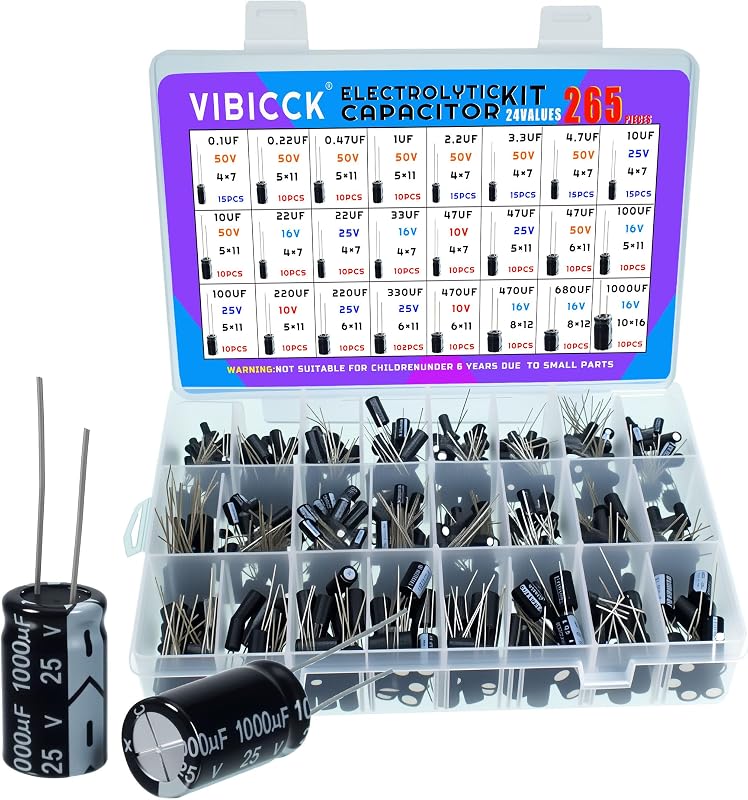 24Value 265pcs Electrolytic Flux Capacitor Assortment KIT from 0.1uF to 1000uF 10V 16V 25V 50V in-line Aluminum Capacitors Set (24Value 265pcs)