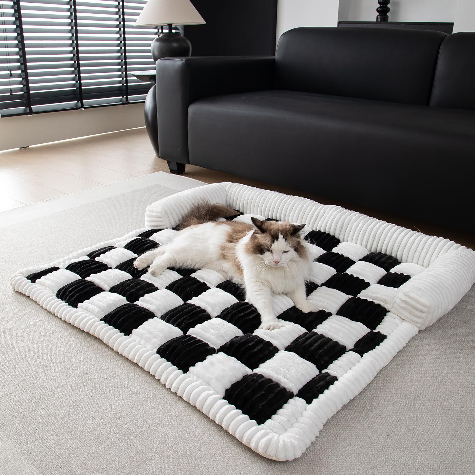 OKYUK Letto per cani super confortevole, cesto divano lavabile a mano, antiscivolo (nero a quadretti, L 75 x P 75 x H 13 cm)