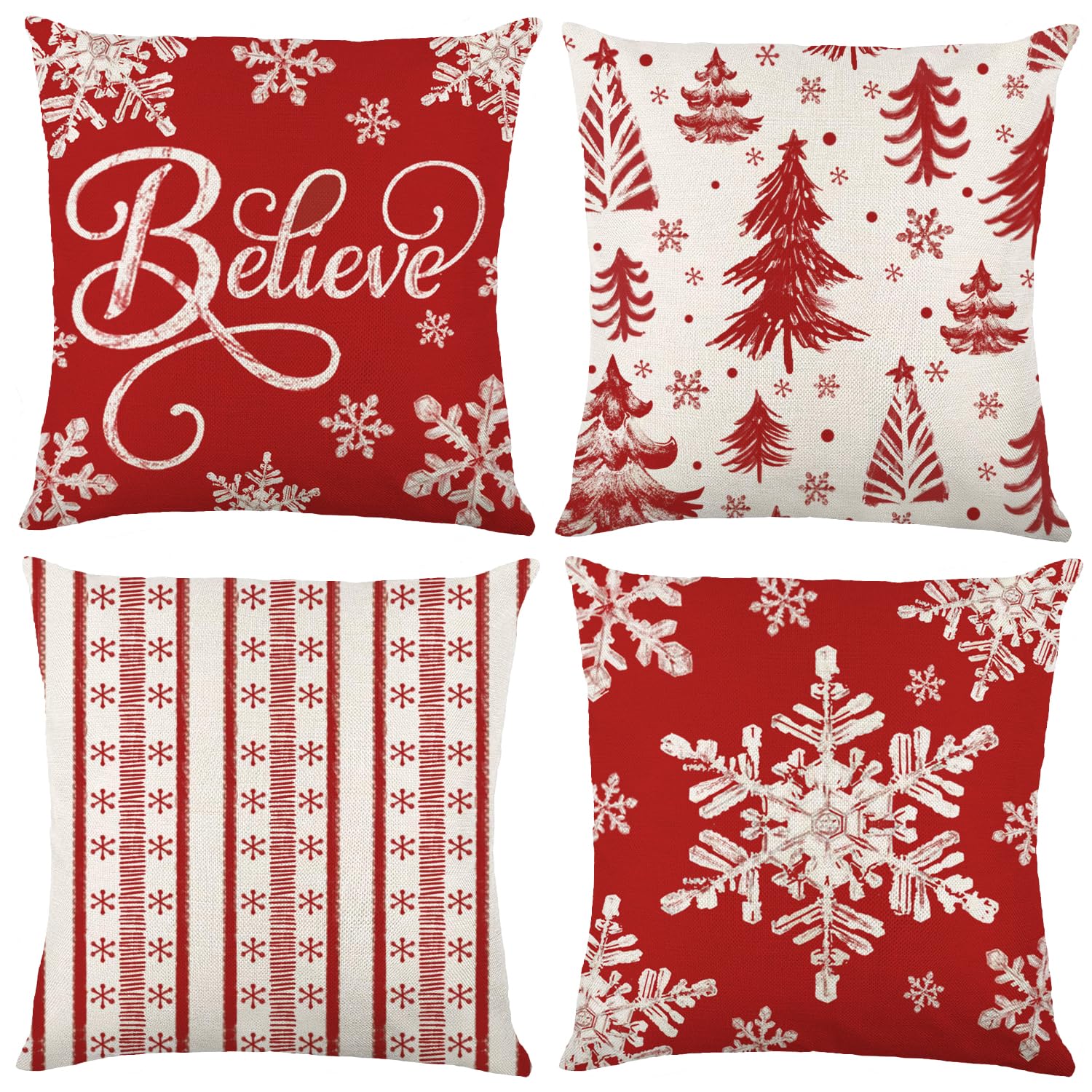 4pcs Winter Pillow Cover Decoration,18x18in Red Snowflakes Christmas Pillow Case Xmas Trees Throw Pillow Cover Cushion Case for Winter Holiday Seasonal Farmhouse Couch Sofa Home Decor