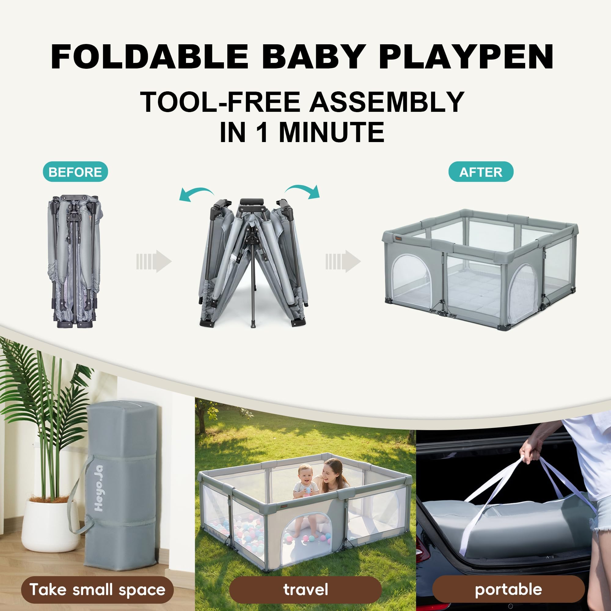 Heyo.Ja Parc pliable pour bébé, pop-up, portable, avec filet, montage et pliage rapides, grille de sécurité pour l'intérieur et l'extérieur, 127 x 127 x 67 cm