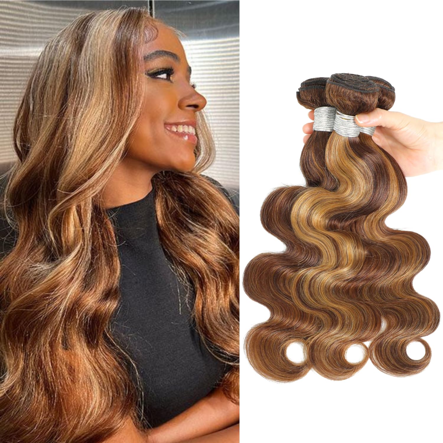 AUROO P4/27 Honey Blonde Highlight Body Wave 3 Bundles Human Hair 18 18 18 inch, 12A 100% Virgin Brazilian Weaves Thick Track Soft Balayage Ombre