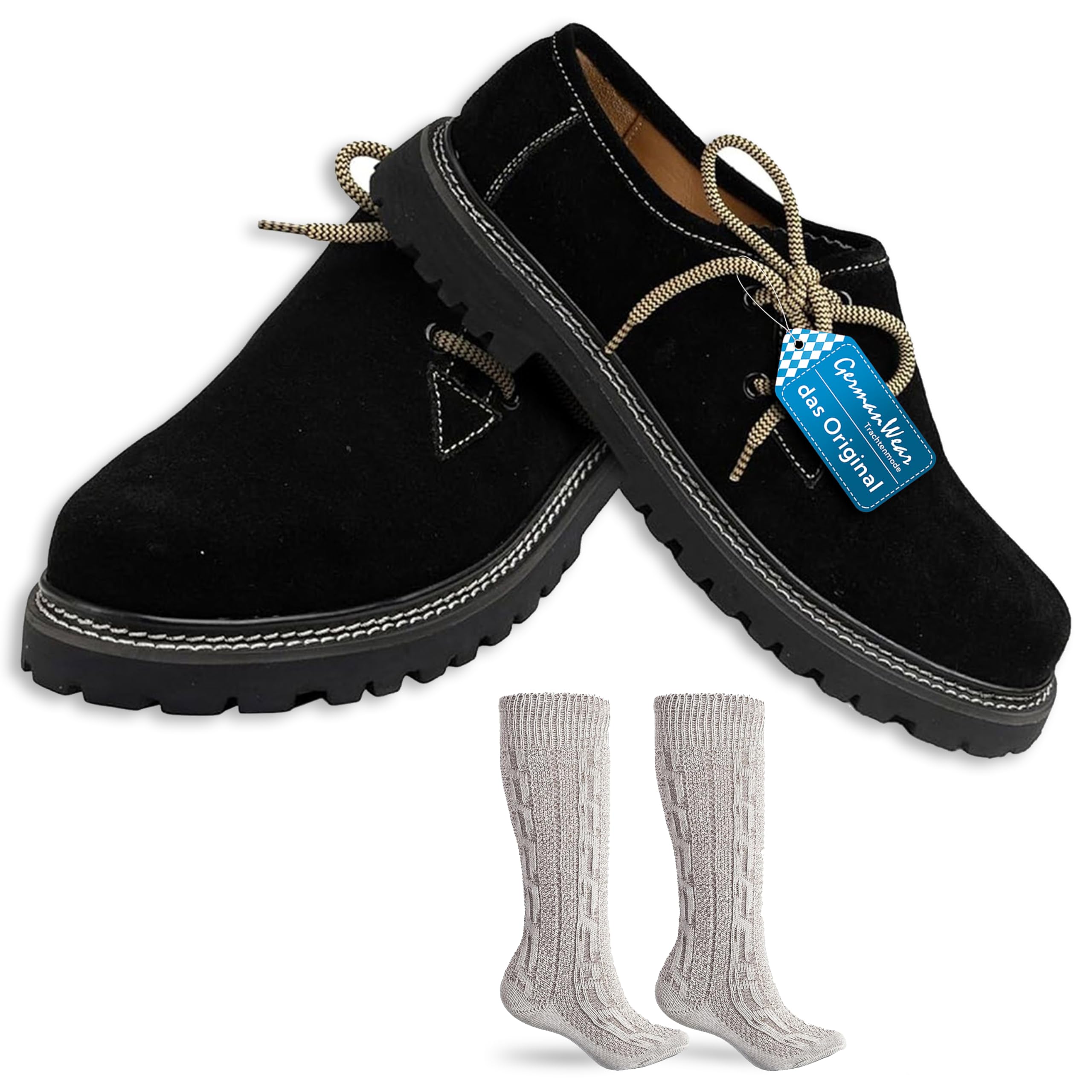 German Wear Haferlschuhe Trachtenset Herren Trachtenschuhe Trachtensocken 2 Schnürsenkel Set - Wildleder Original Handmachart 100% Leder-Futter Lederschuhe mit Melierte Socken