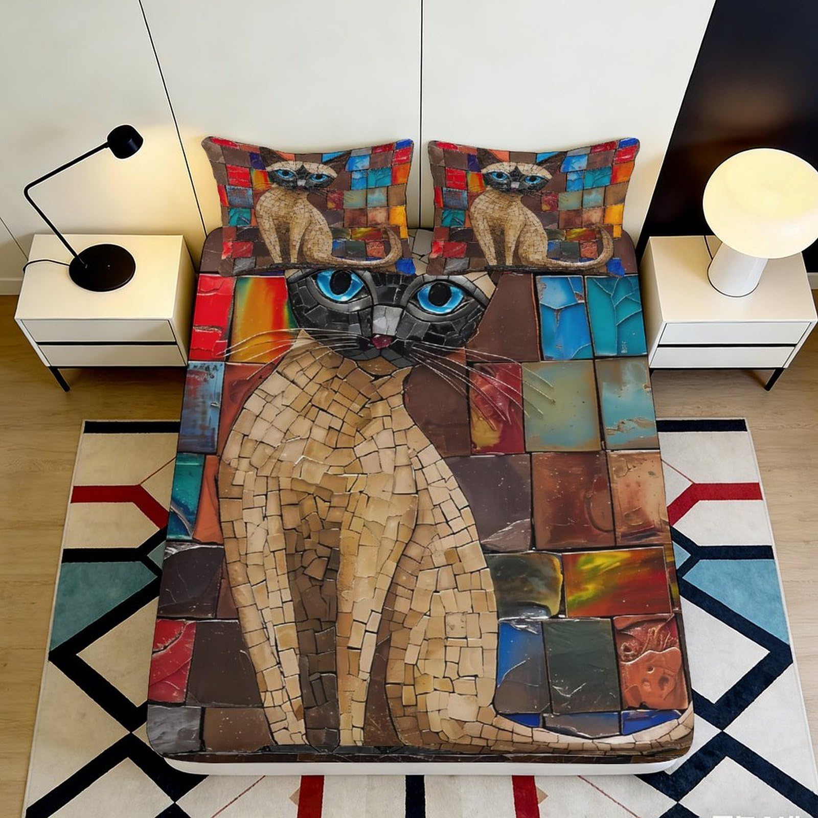 3D Printed Artistic Cat Fitted Sheet Microfiber Colourful Patchwork Bed Cover for Bedroom Guest Room Decor Mattress Protection 90x200x25cm