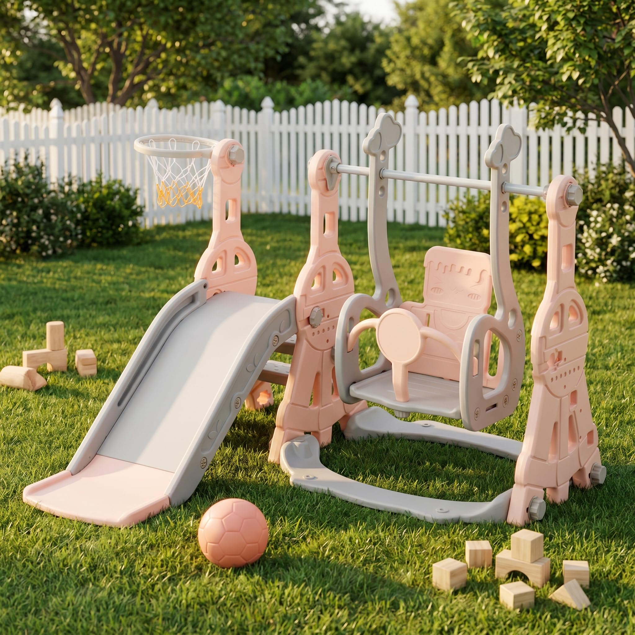 Parco giochi per bambini 4 in 1 con scivolo e altalena, gioco da interno ed esterno con cestino da basket e scala, gioco per bambini in plastica, centro giochi per neonati da giardino (rosa, A)