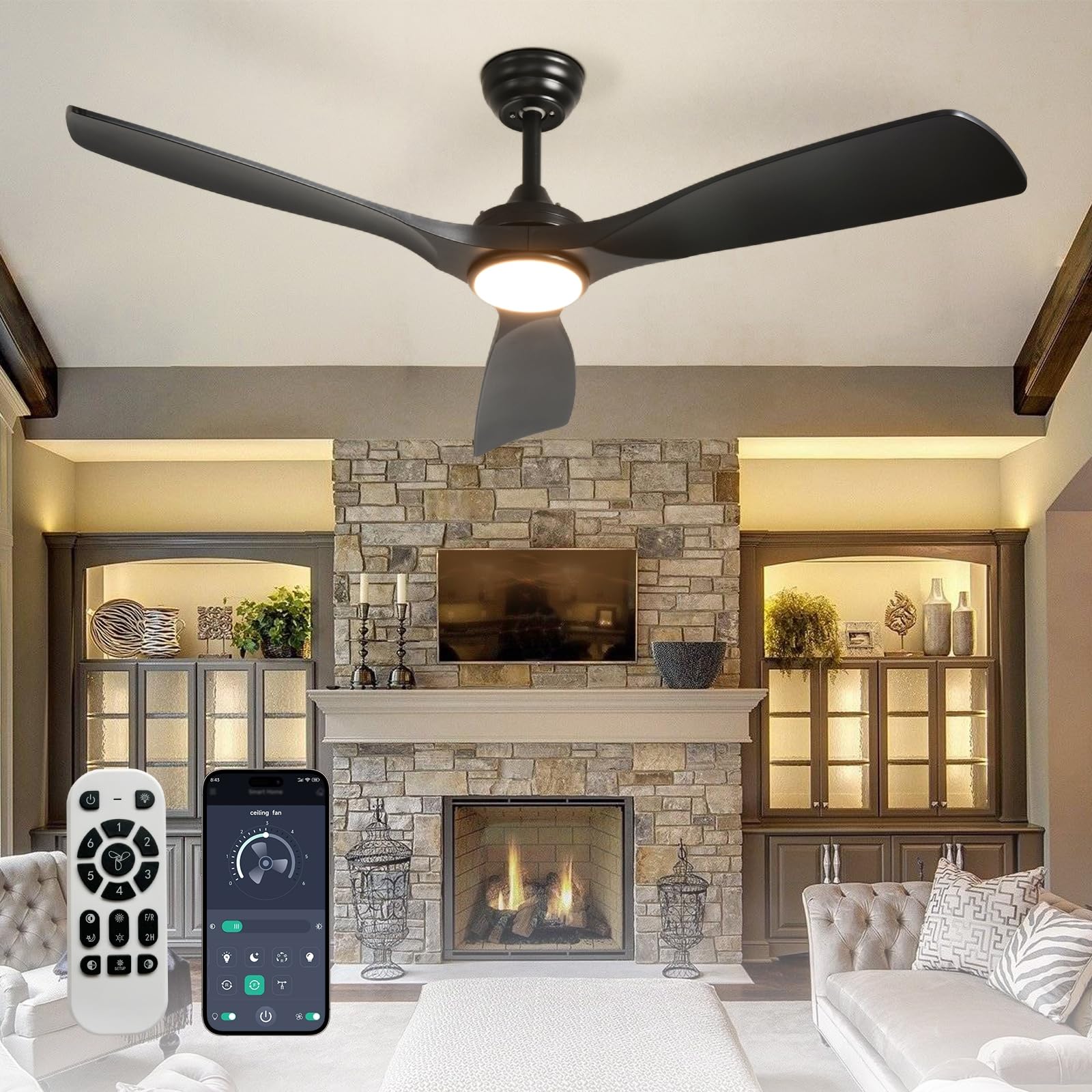 Outdoor Ceiling Fan with Light: 52 Inch 3 Blade Outdoor Fans for Patios - Modern Black Ceiling Fan with Dimmable Light Remote APP Control Ultra Quiet Reversible DC Motor Timer