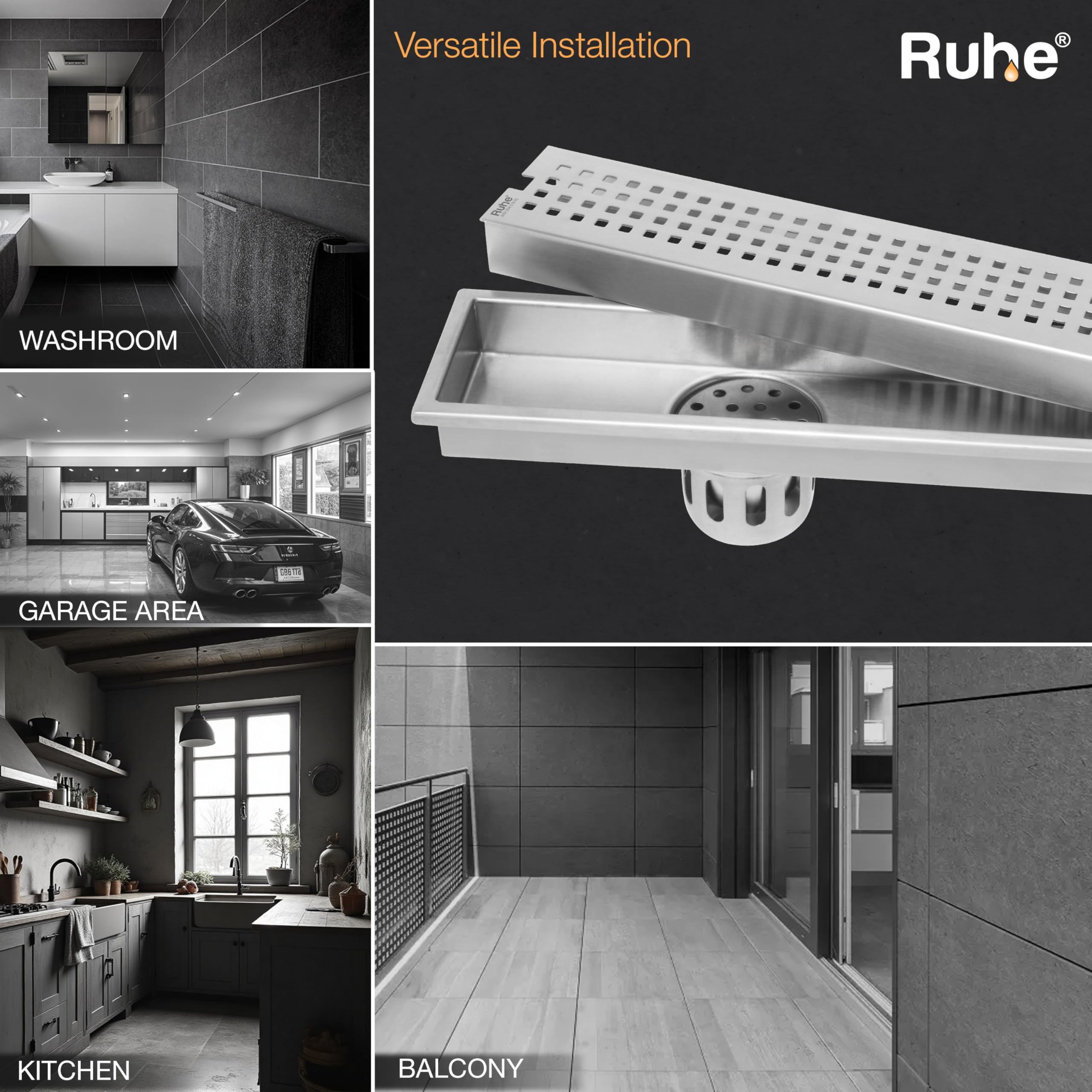 Ruhe® Palo 24 × 4 Inches Floor Drainer | 304 Stainless Steel Palo Shower Water Drain Channel/Waste Water Floor Drain | with Stainless Steel Trap and Side Hole | with Collar 3