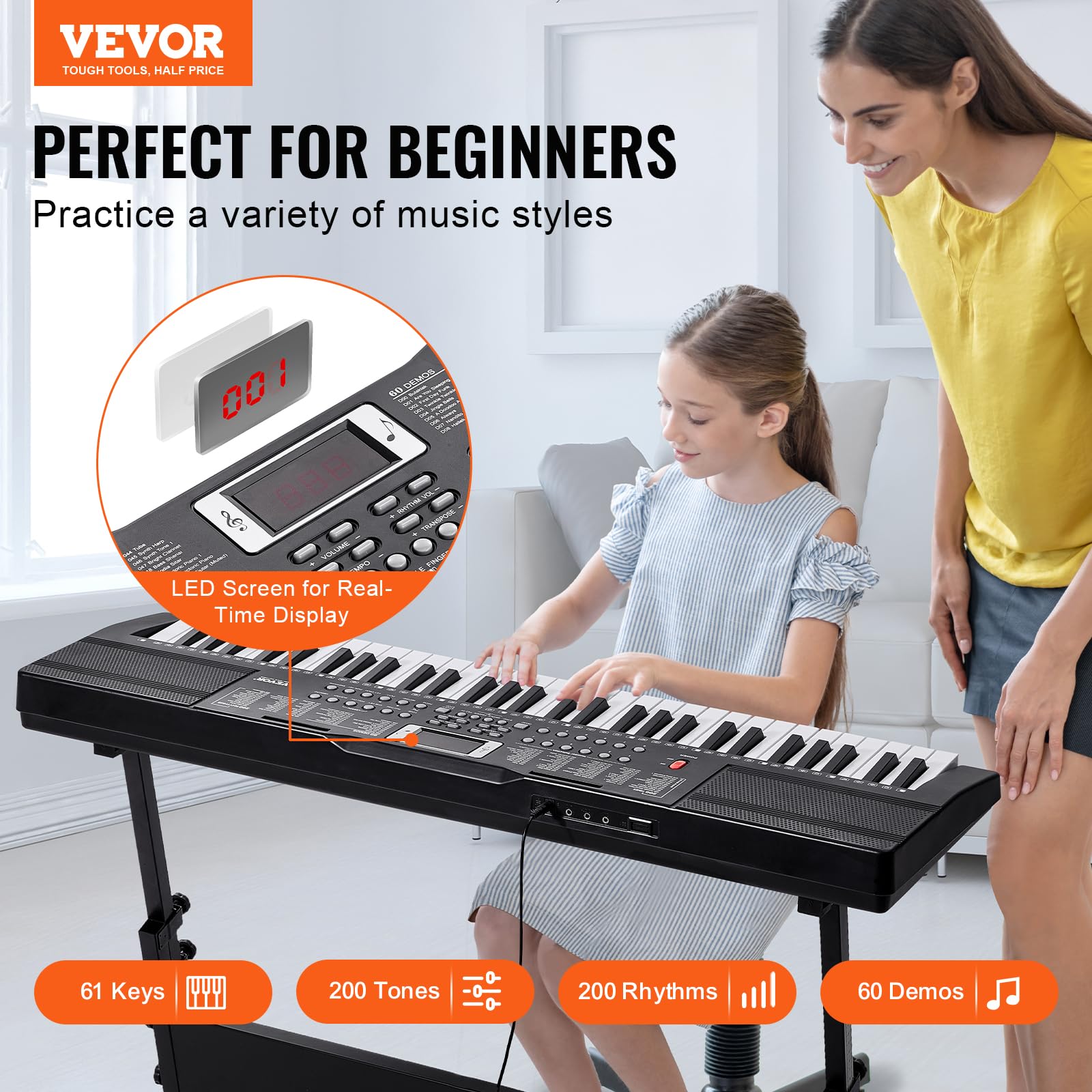 VEVOR Clavier Piano Numérique, 61 Touches, Ensemble Piano à Clavier Électrique Portable, 200 Tons, 200 Rythmes, 60 Chansons de Démonstration, Haut-parleurs Intégrés, Casque, Microphone, pour Débutants