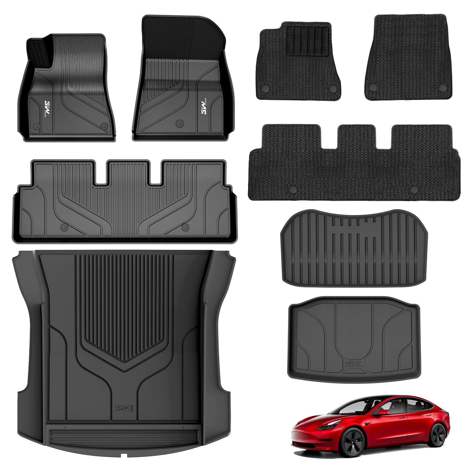 3W Fußmatten Set für Tesla Model 3, TPE Allwetter Gummimatten für Model 3 Komplettset Fussmatten Zubehör, Schwarz Antirutschmatten