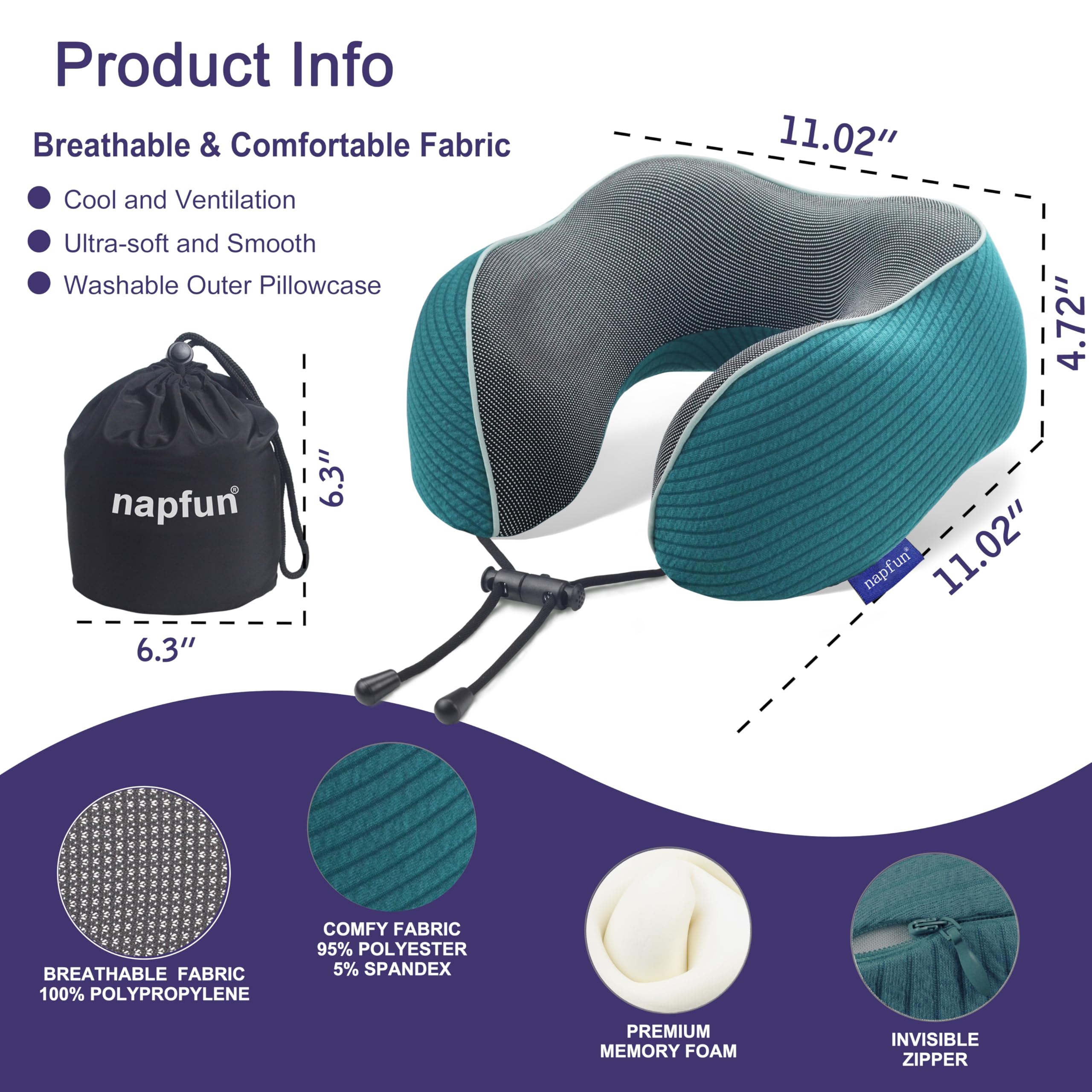napfun Neck Pillow for Travel, Memory Foam Airplane Pillow, Teal view 2
