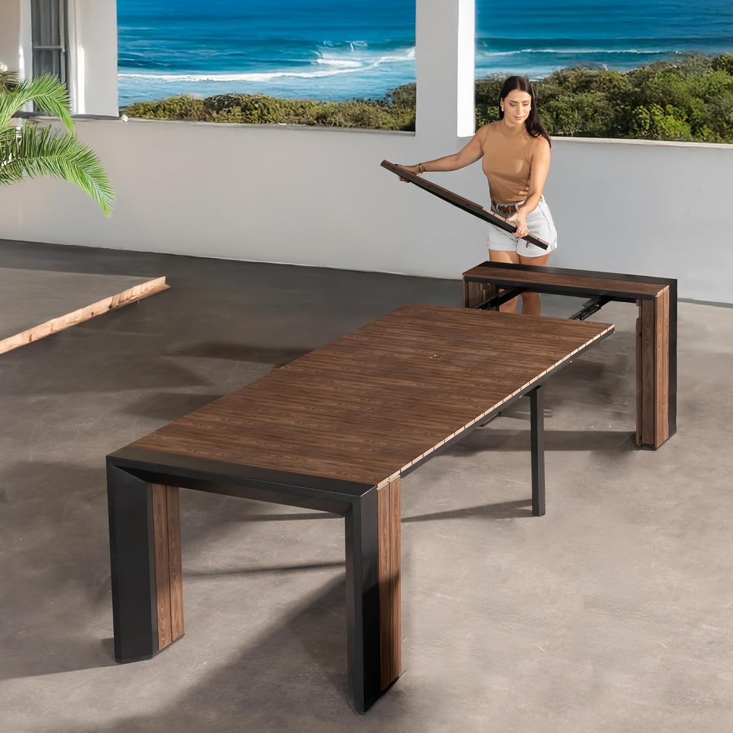 Transformer Table - Extendable Outdoor Dining Set up to 12, Expandable Patio Table, Expandable Patio Table, Weather-Resistant Wooden Outdoor Furniture, Dark Walnut, Brown (Table Only)