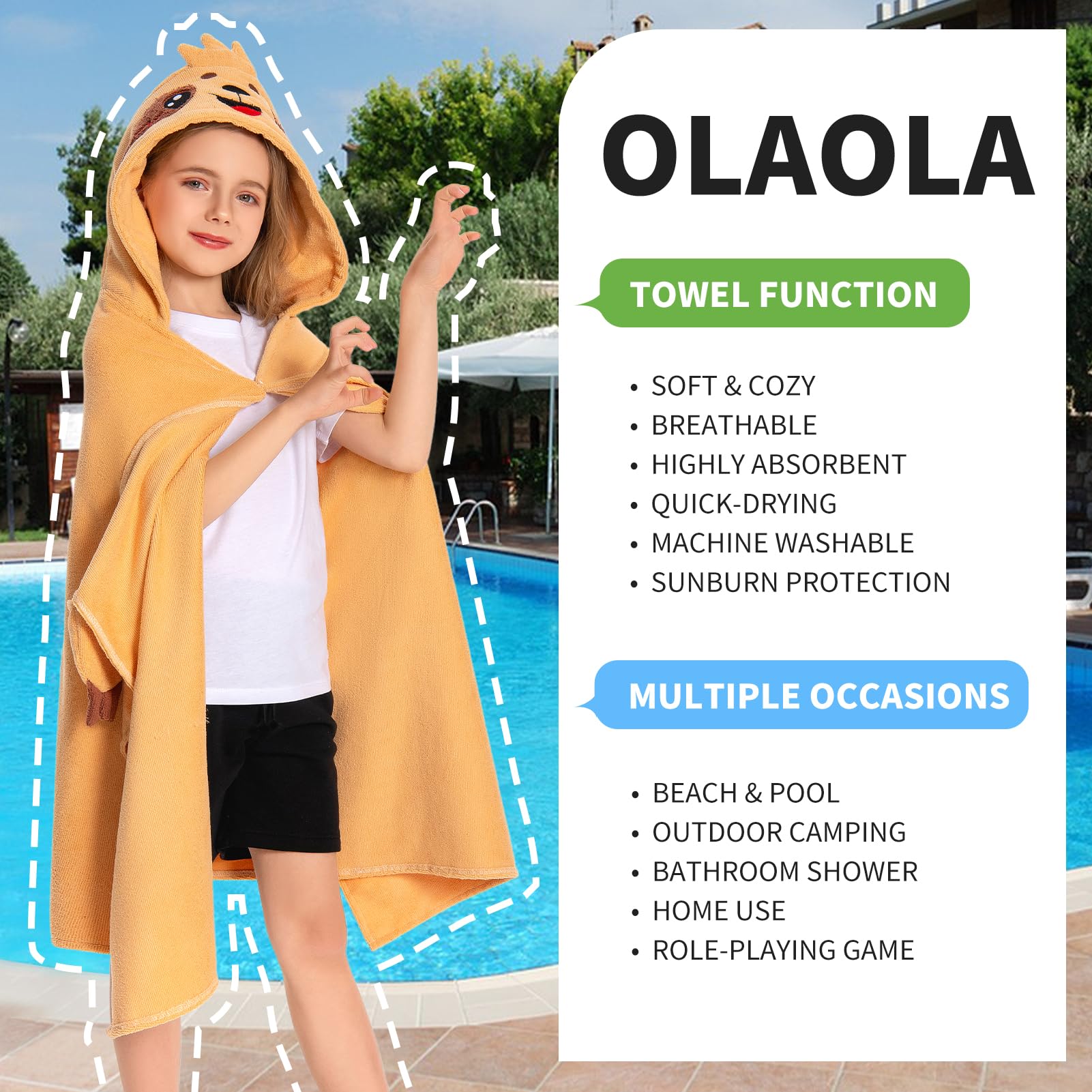 OLAOLA Serviette De Bain à Capuche Dinosaure Pour Enfants 3-12 Ans - Poncho Microfibre Doux Et Absorbant