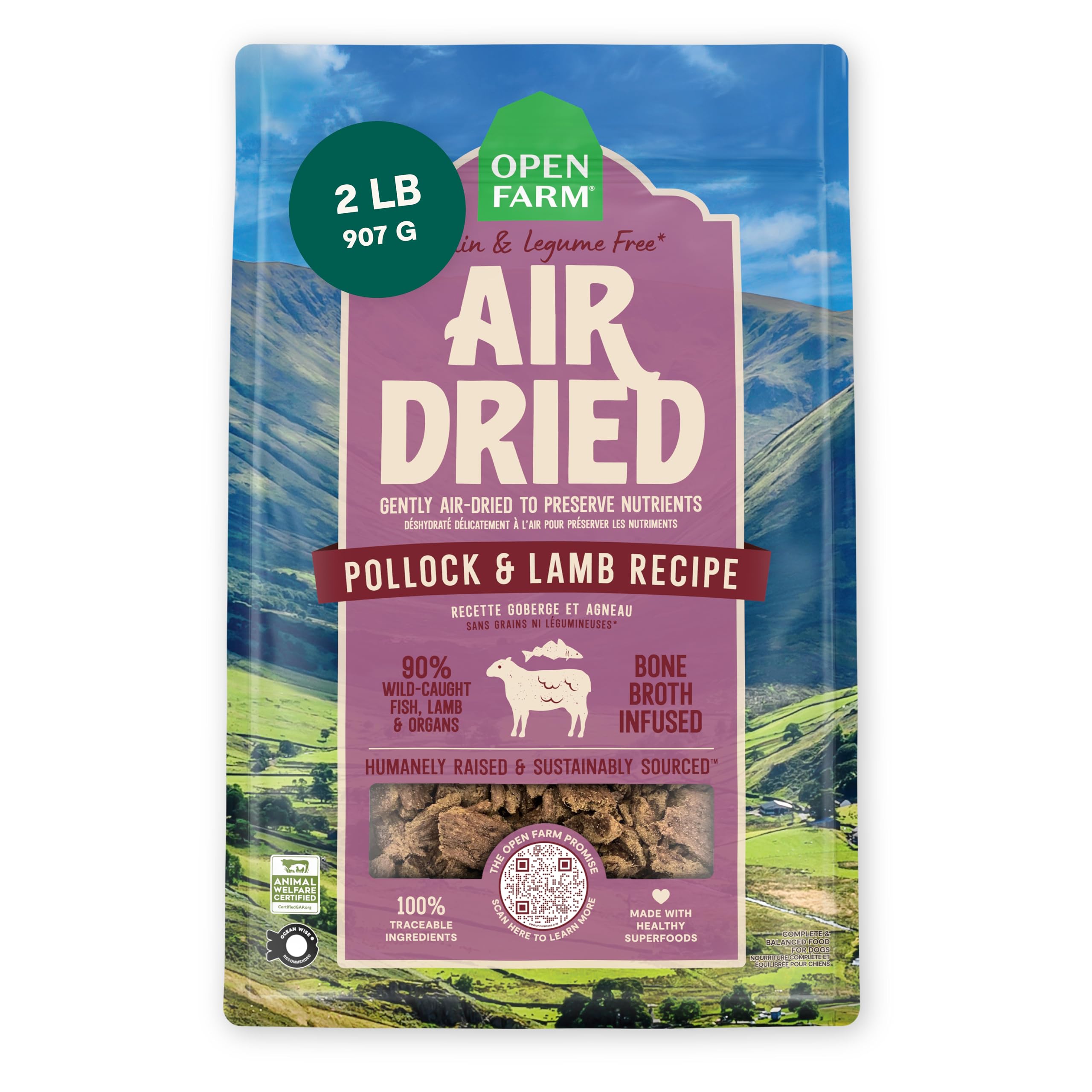 Open Farm, Air Dried Dog Food Infused with Bone Broth, Grain & Legume Free, Complete Meal or Food Topper, Pollock & Lamb Recipe, 2lb Bag