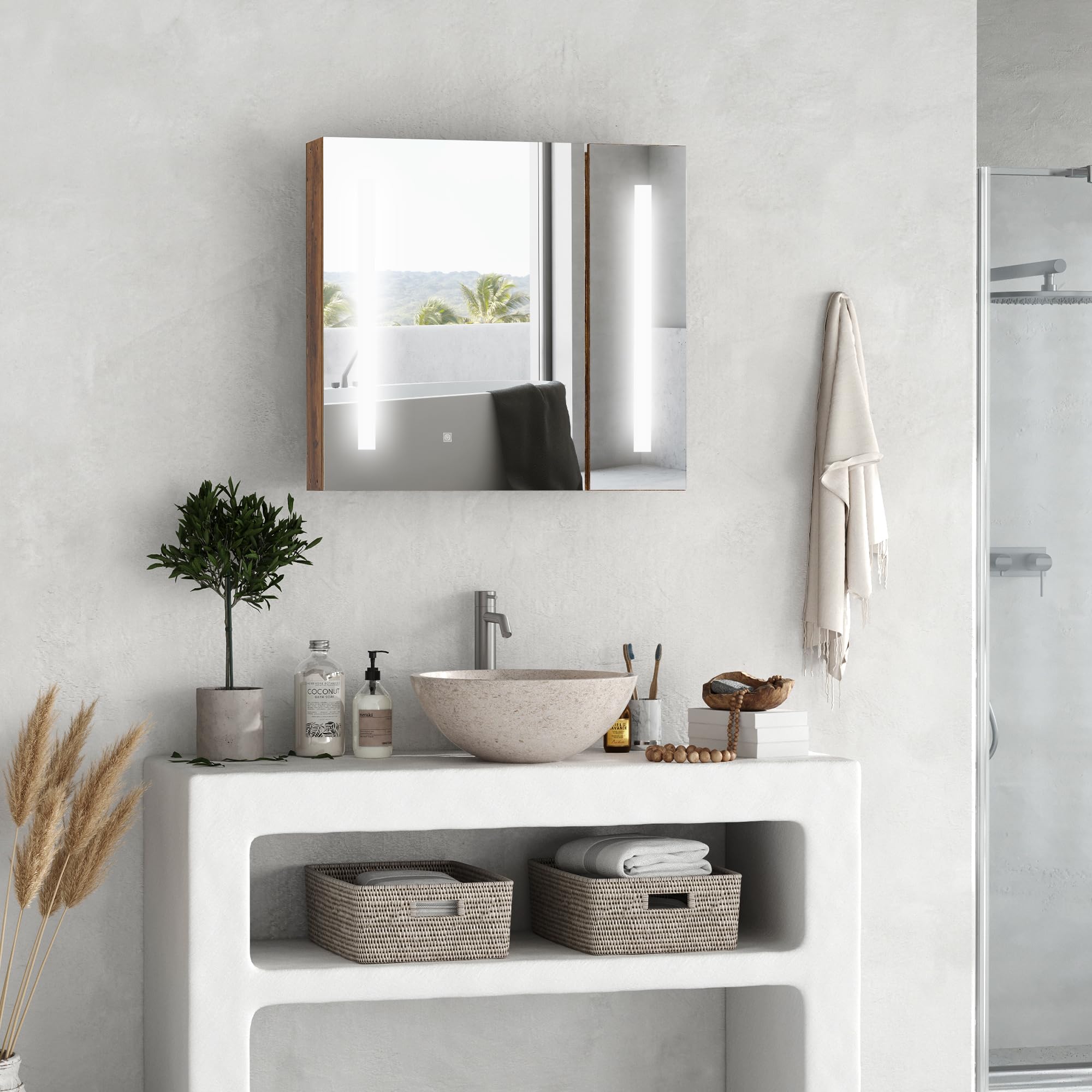 kleankin Specchio Bagno Contenitore con Luci LED Regolabili, Armadietto Bagno con 2 Ante a Specchio e Mensola Regolabile, 70x15x65cm, Marrone