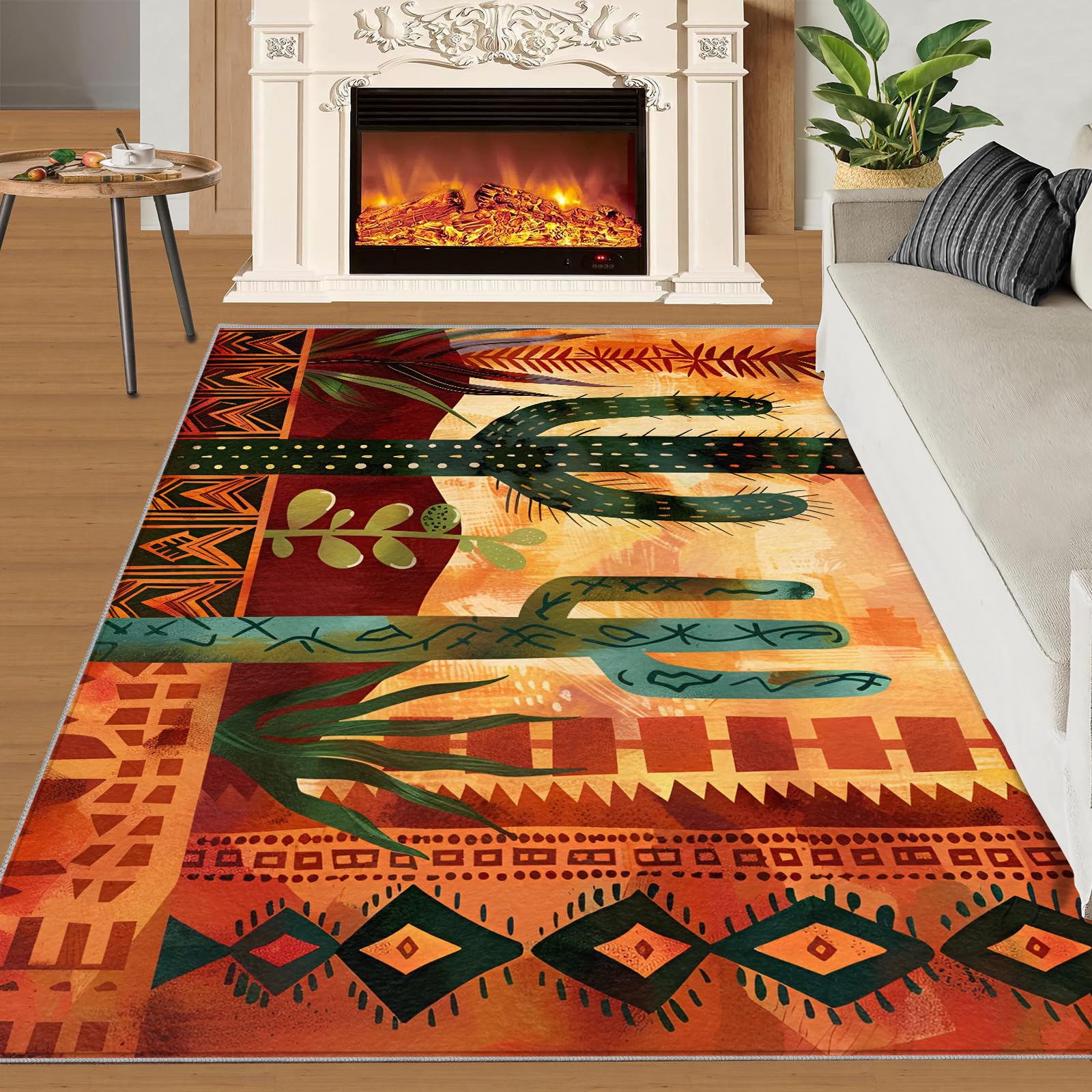 Tapis western pour salon, chambre à coucher, motif cactus aztèque, intérieur lavable, antidérapant et à poils courts - 150 x 180 cm