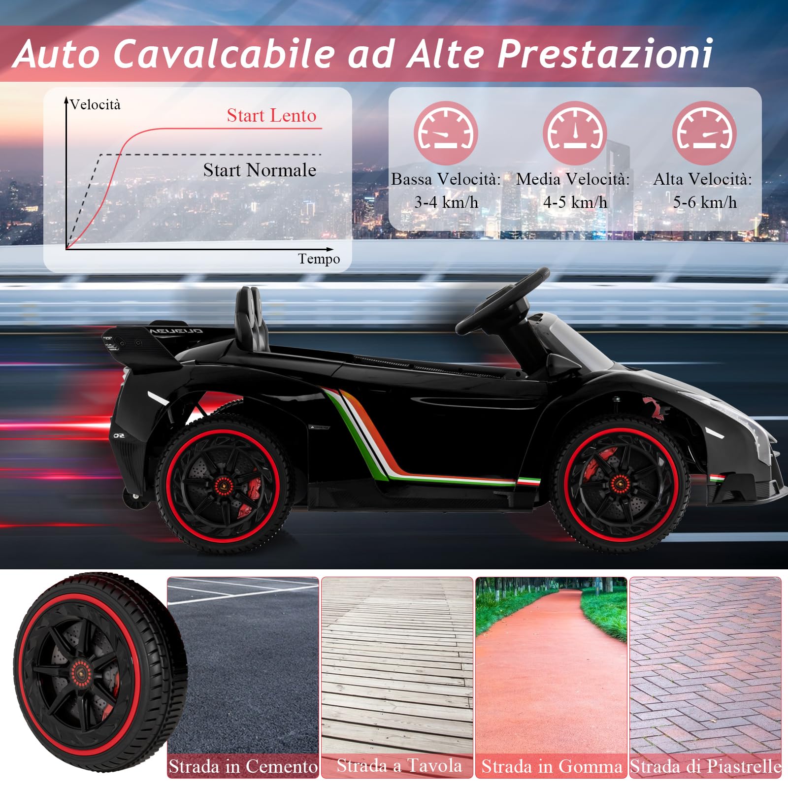 RELAX4LIFE Macchina Elettrica per Bambini, Lamborghini da 12 V con porta idraulica, auto elettrica con telecomando, MP3 e luce LED, veicoli elettrici per bambini(NERO)