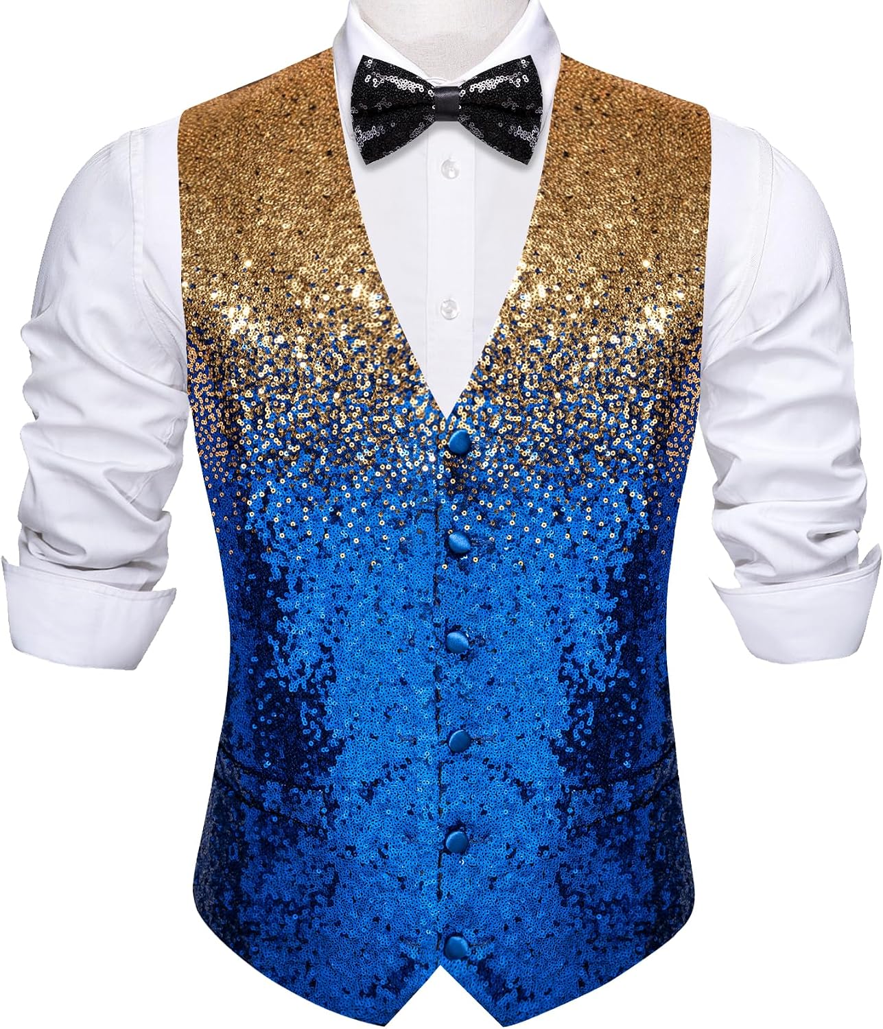 Barry.Wang Mens Sparkle Sequin Vests Bowtie 2PCS 70s Prom Disco Shiny Vest