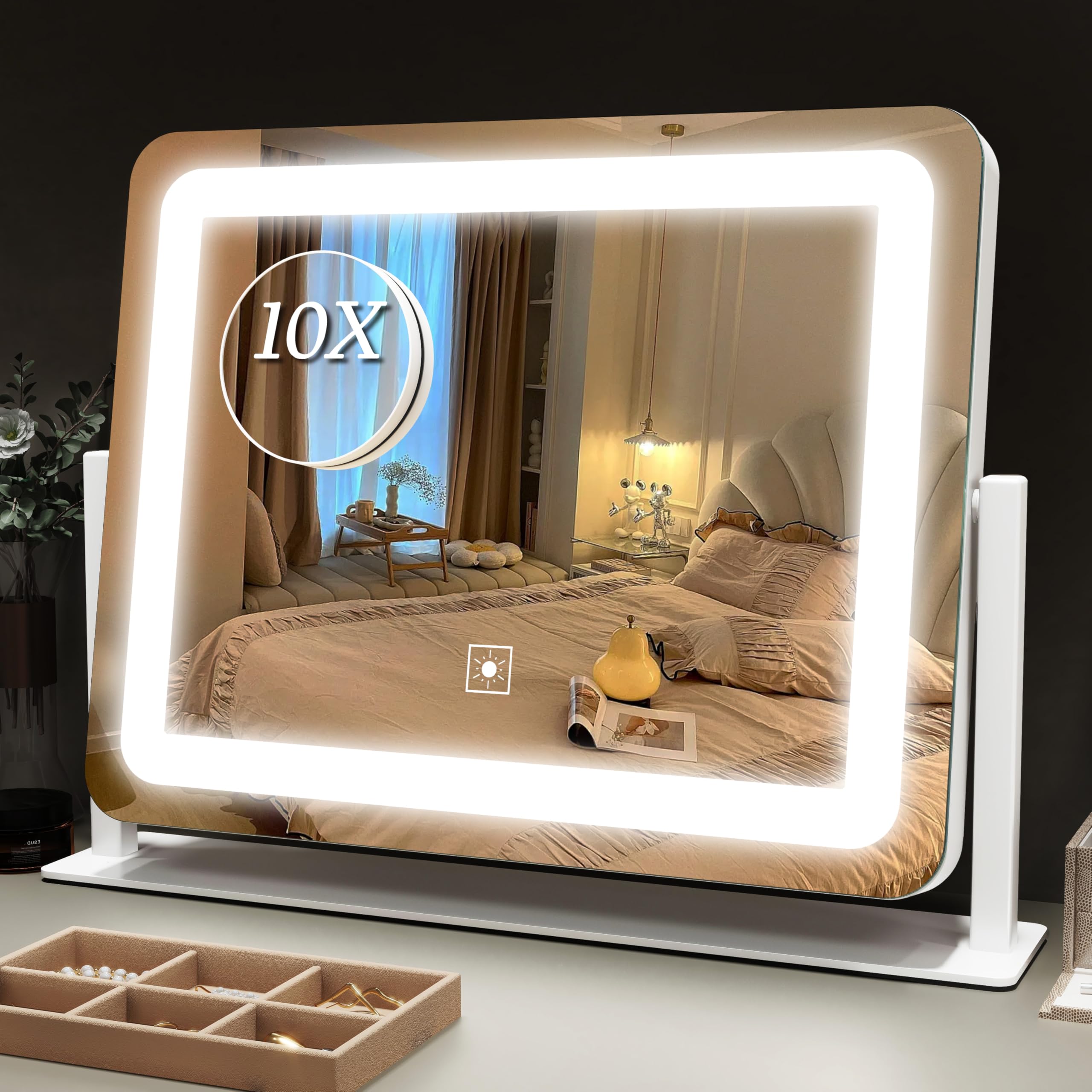 ROLOVE Vanity Mirror with Lights 15"x12", Lighted Makeup Mirror with 10X Magnification, 3 Color Lighting &amp; Dimmable Brightness, Light Up Mirror for Desk, Bedroom, Bathroom