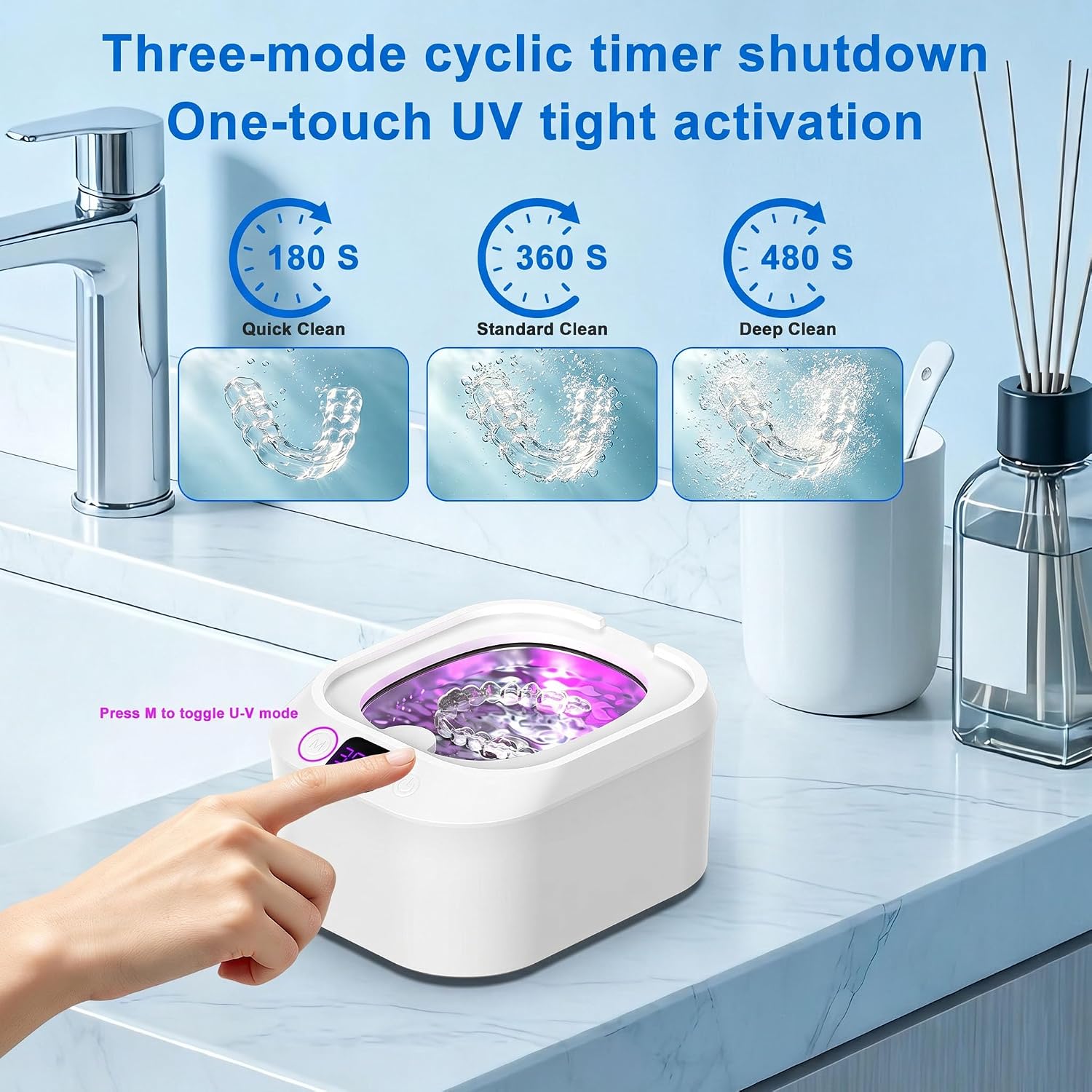 Portable Ultrasonic Retainer Cleaner 220ML, 48kHz UV Deep Cleaning Unit with View Window for Dental Trays, Jewelry & Braces | The translucent viewing window allows you to see the cleaning process and results without opening the lid