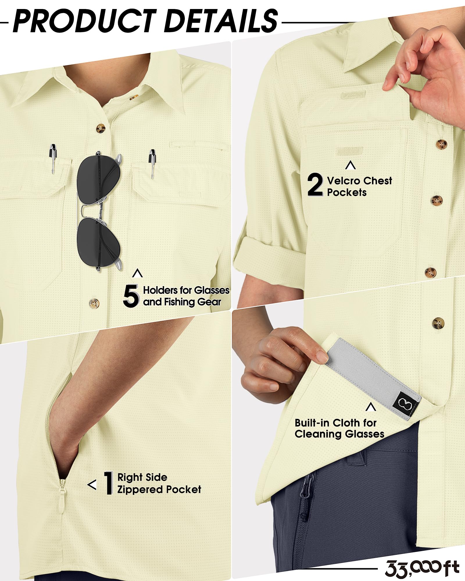 33,000ft Camisa para mujer UPF50+ con protección UV, de secado rápido, para tiempo libre, manga larga, para senderismo, pesca, safari, viajes, golf, amarillo claro, XL