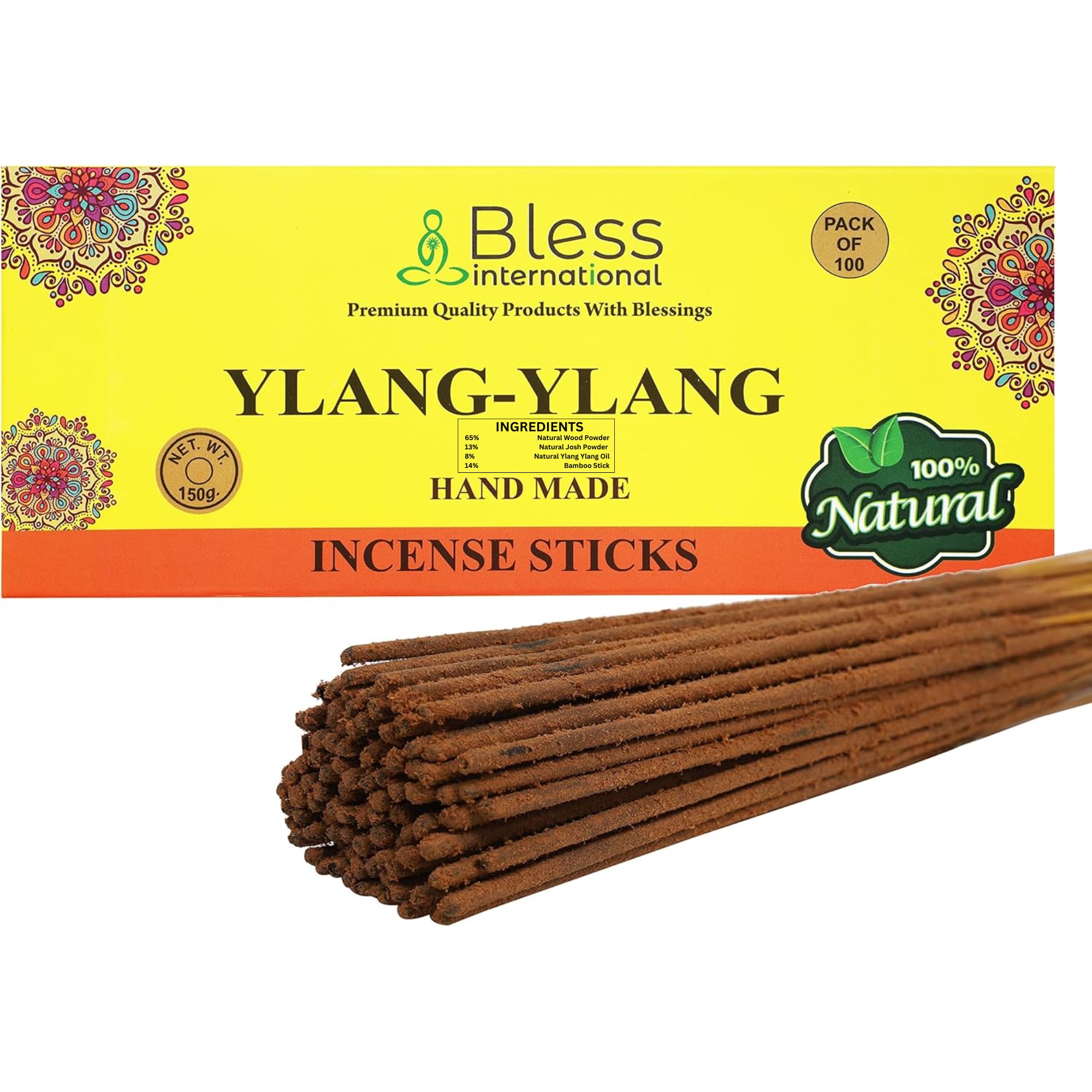 Bless-YLANG-YLANG 100%-Natural-Handmade-Hand-Dipped-Incense-Sticks Organic-Chemicals-Charcoal-Free Purification-Relaxation-Positivity-Yoga-Meditation Best-Woods-Scent (100 Sticks(5.25 OZ))