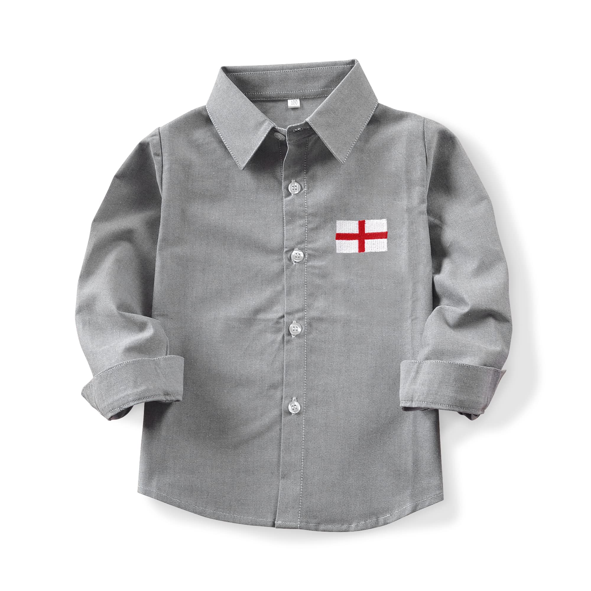AeslechLittle Big Boys' Long Sleeve Button Down Oxford Casual Dress Shirt with Country Flags Uniform Shirts for School