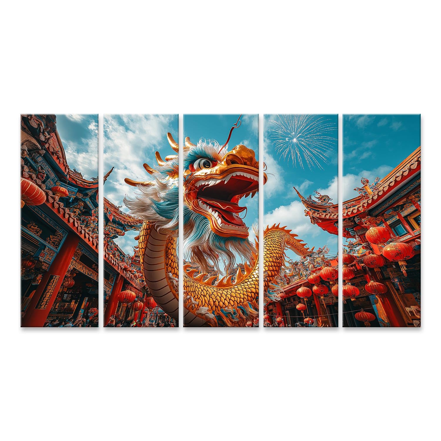 islandburner Quadro su tela con drago di leone nel tempio con fuochi d'artificio atmosfera festival, poster