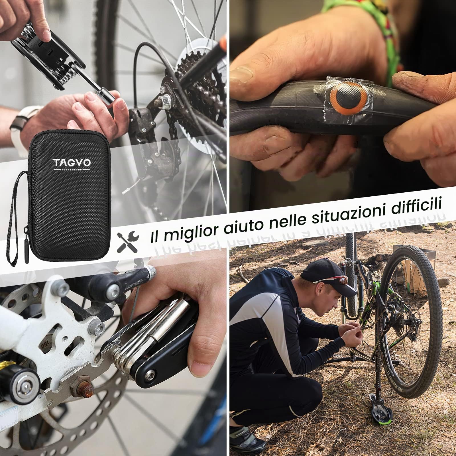 Tagvo Kit attrezzi per bici, 16 in 1 attrezzo multifunzione da bici con kit di patch e leve del pneumatico, kit di attrezzi per riparazione della bicicletta, kit di attrezzi per la riparazione di bici
