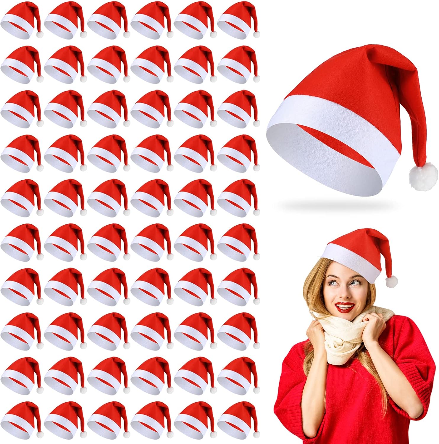 Neer 100 Pieces Santa Hats Bulk Christmas Santa Hat Colleague Gifts Employees Office Xmas Fancy Dress Hat for Christmas School Church Homeless Charity Donate Party Decor