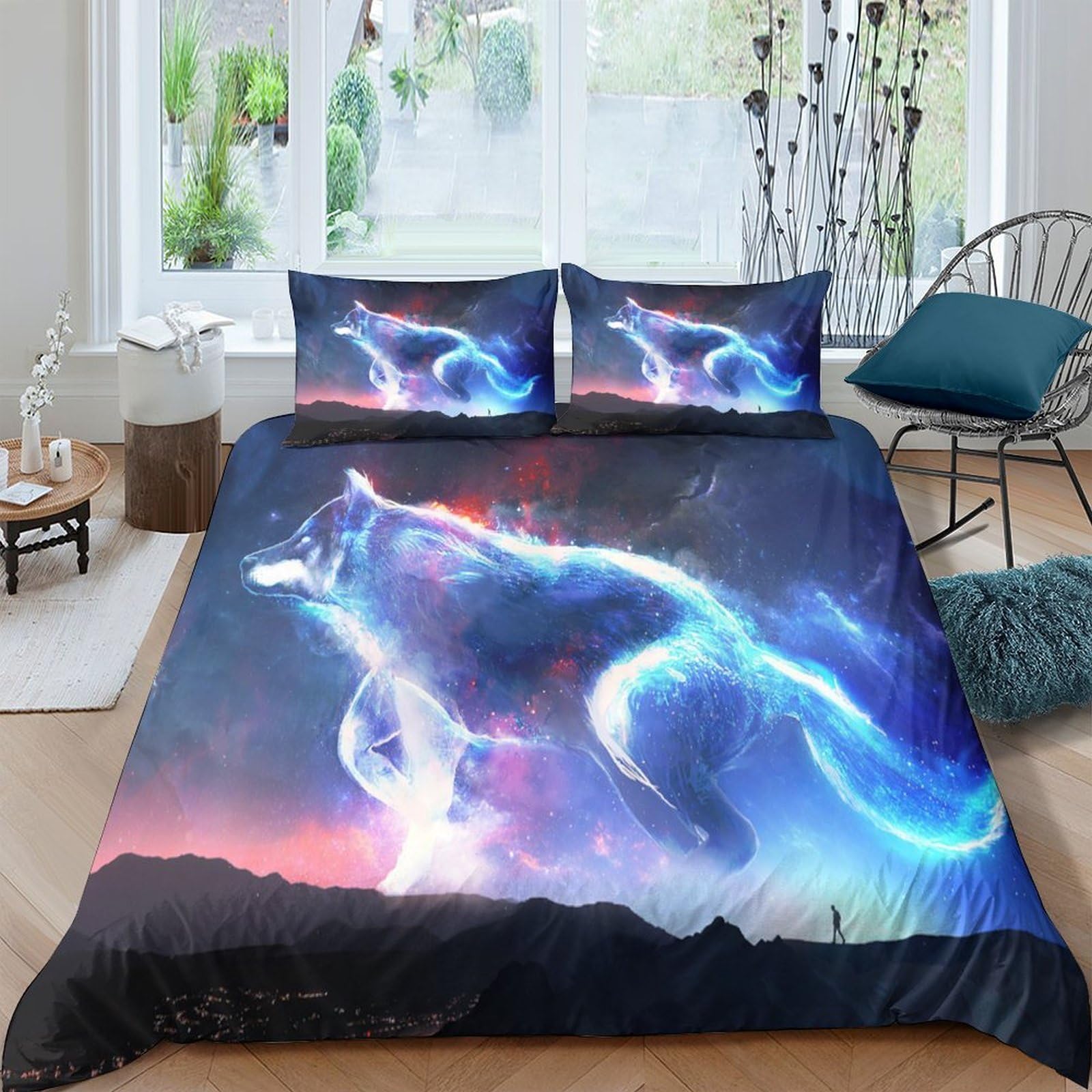 Ctjqhvkz Style-5 3D Printed Galaxy Wolf Fitted Sheet Microfiber Soft Breathable Cosmic Nebula Mattress Cover Bedroom Decor Single（135X200cm）