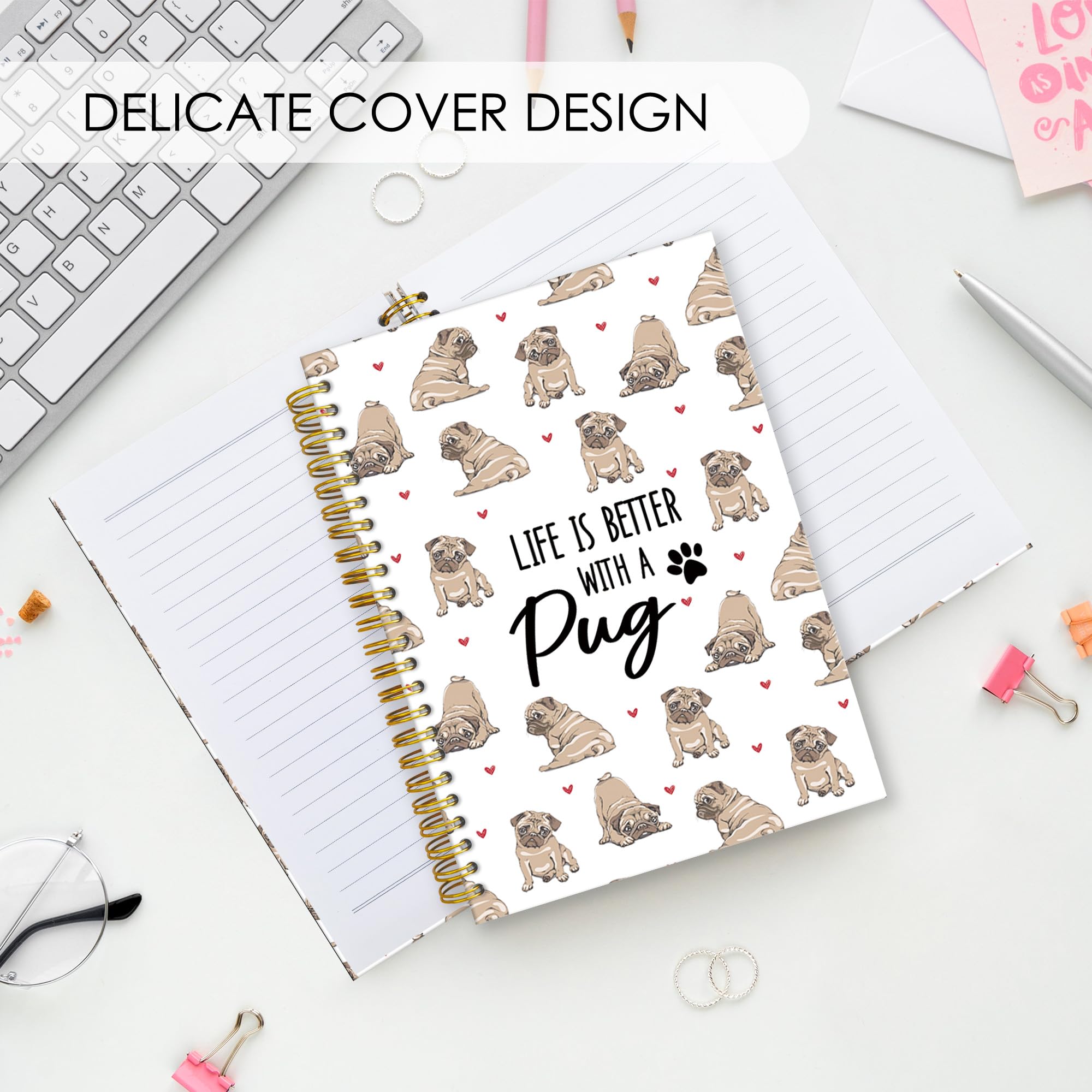 Notizbuch mit Mops-Motiv, A5, Hardcover, Spiralbuch, "Life Is Better with a Pug", liniert, Tagesjournal für Büro, Arbeit, Schule, Zusammensetzung, Hundeliebhaber, Notizbuch, 14 x 21 cm