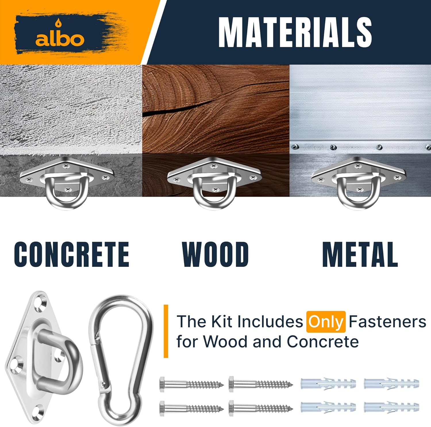 Albo Diamond Plate 2650lbs Swing Hangers 2 PCS - Heavy Duty Ceiling Mount Hooks with Snap Carabiners, 304 Stainless Steel for Wood & Concrete & Metal, Indoor Outdoor Anchor for Hammock, Yoga, TRX