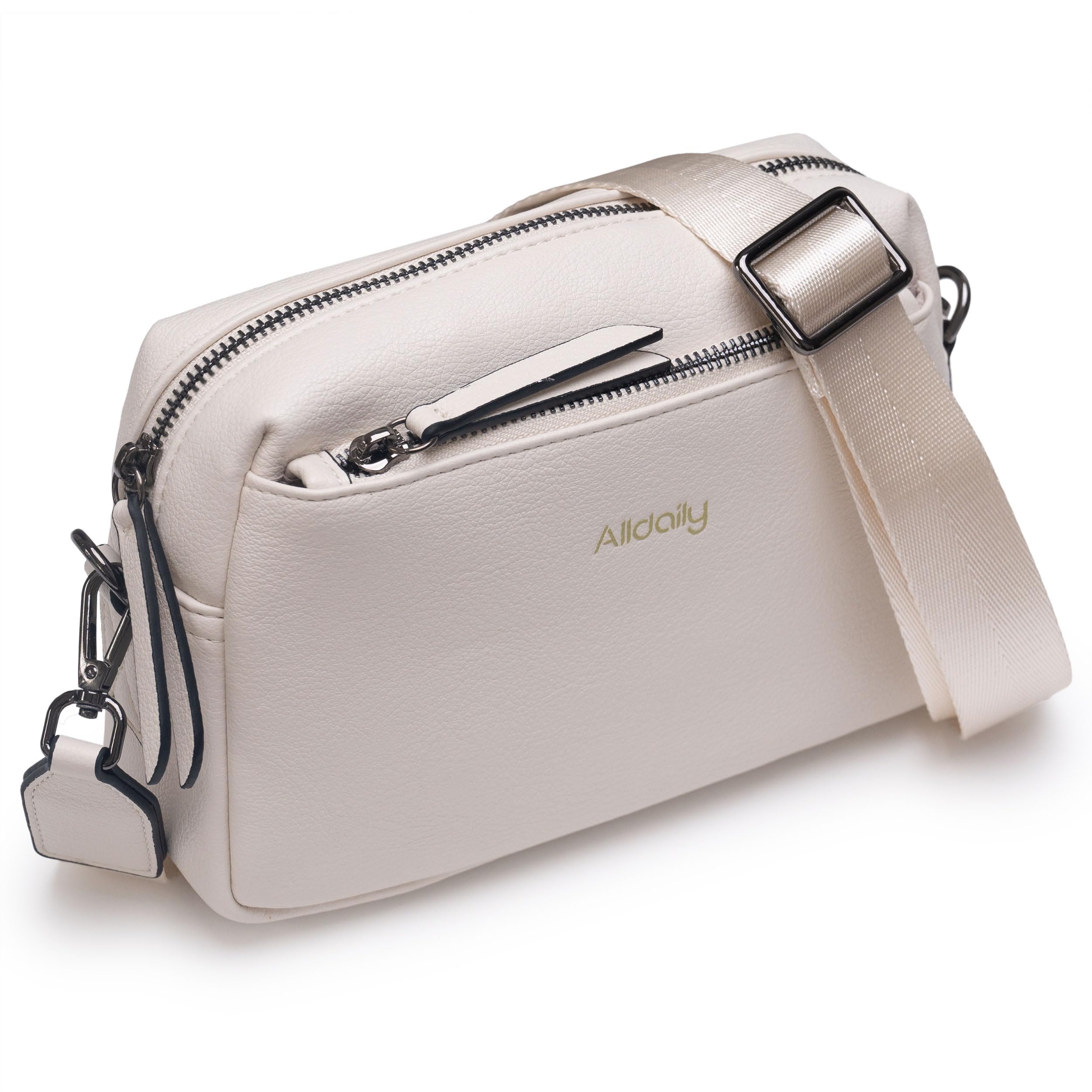 Alldaily Small Triple Zip Crossbody Purse for Women, Vegan Leather Phone Bag with Wide Shoulder Strap