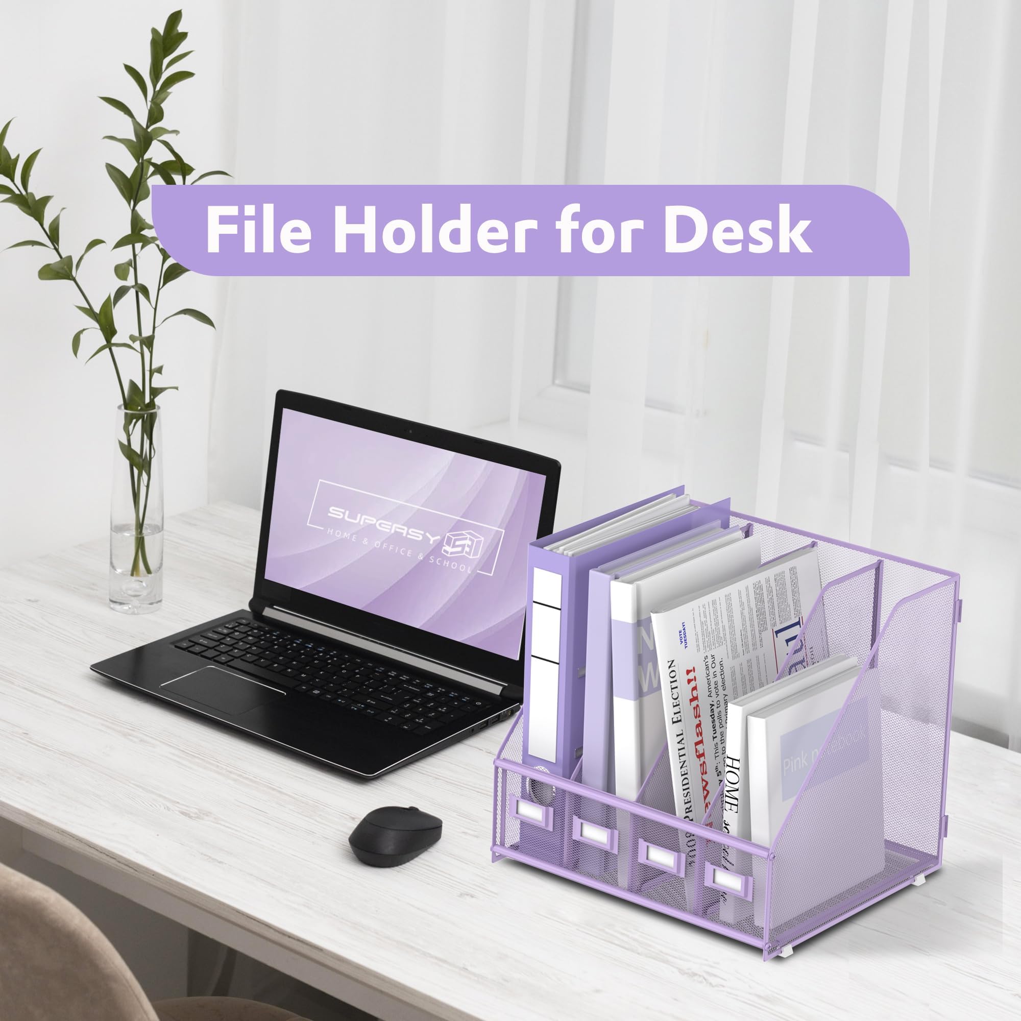 SUPEASY Magazin Datei Halter Schreibtisch Organizer, Metall Binder Halter mit 4 vertikalen Fächern für Büro Home School, Lila