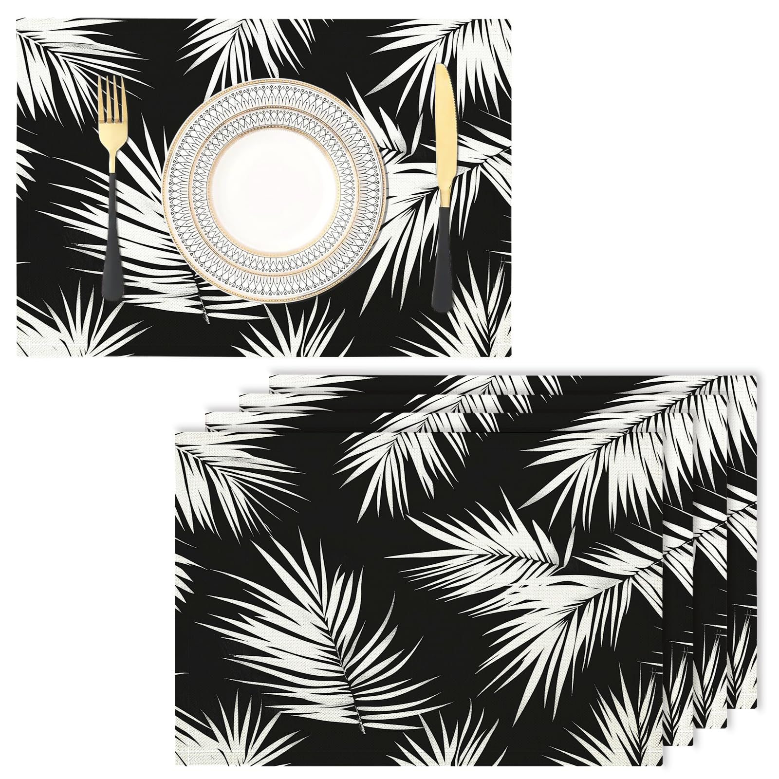 Sets de table en tissu lin de coton noir haut de gamme au motif végétal
