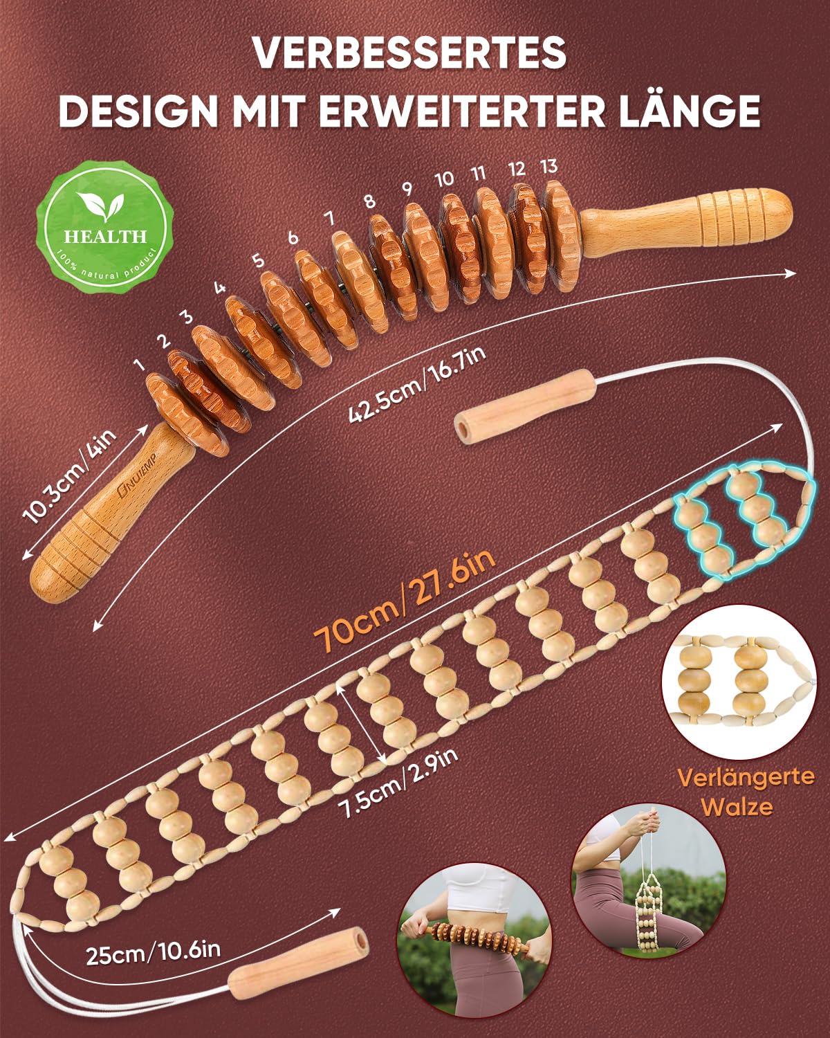 Massageroller Rücken Mit Griff Maderotherapie Set Anti Cellulite Massagegerät Massage Holz Geeignet Für Nacken,Beine,Rücken,Körper,2 Stück,Natürliche Holzfarbe