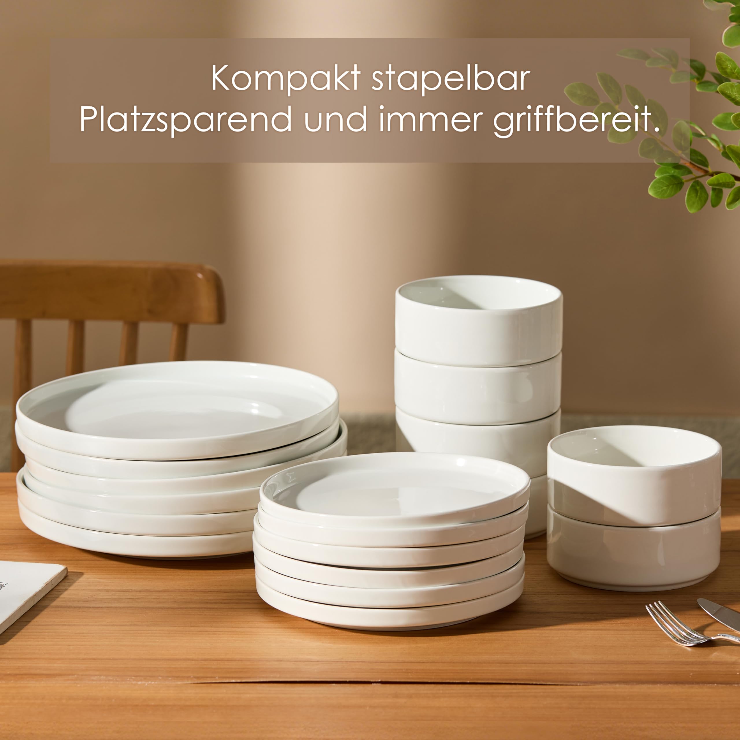 Jiwoo Geschirr Set & Tafelservice 18 TLG für 6 Personen, Modern Bone China | Mit Speise-, Desserttellern & Müslischalen – platzsparend stapelbar, mikrowellen- & spülmaschinengeeignet