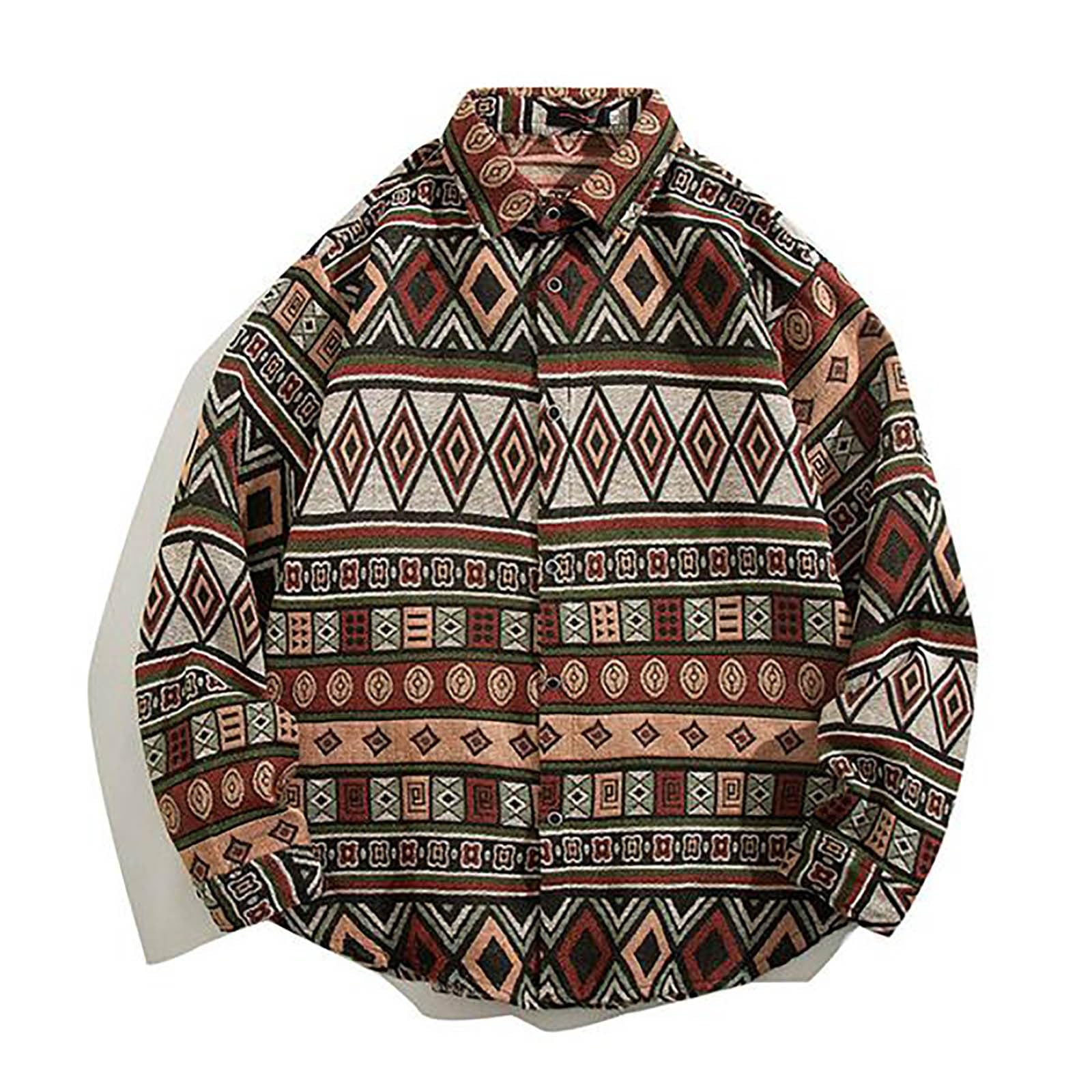 Camicia a maniche lunghe da uomo, jacquard, a maniche lunghe, motivo azteco, per il tempo libero, vintage, per attività all'aperto, business, casual, traspirante, giacca