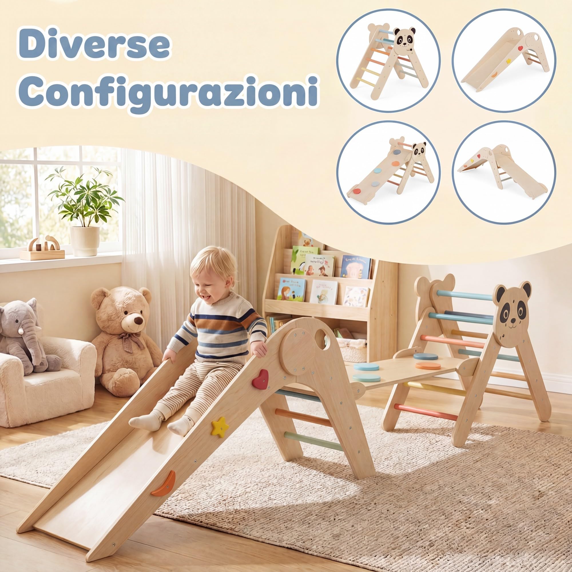 RELAX4LIFE 4 in 1 Triangolo da Arrampicata, Arco da Arrampicata in Legno con Scala e Scivolo, Rampa a Doppia Faccia, Triangolo Giochi Montessori per Bambini 3+Anni (Beige)
