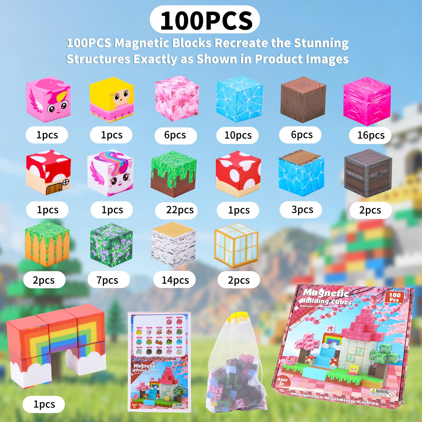 MEESHEEP Magnetic Blocks Unicorn Sakura Rainbow Cubes, Build Models Shown in Pictures, Sakura Rainbow 100pcs - Image 2