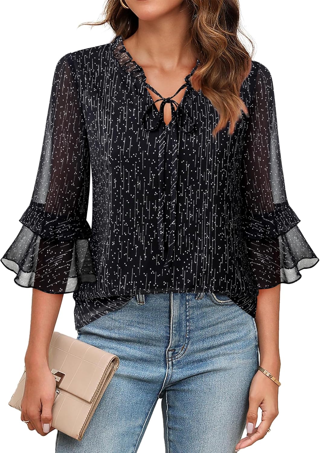 Furnex Womens Tops Dressy Casual Ruffle 3/4 Sleeve V Neck Elegant Floral Chiffon Blouses