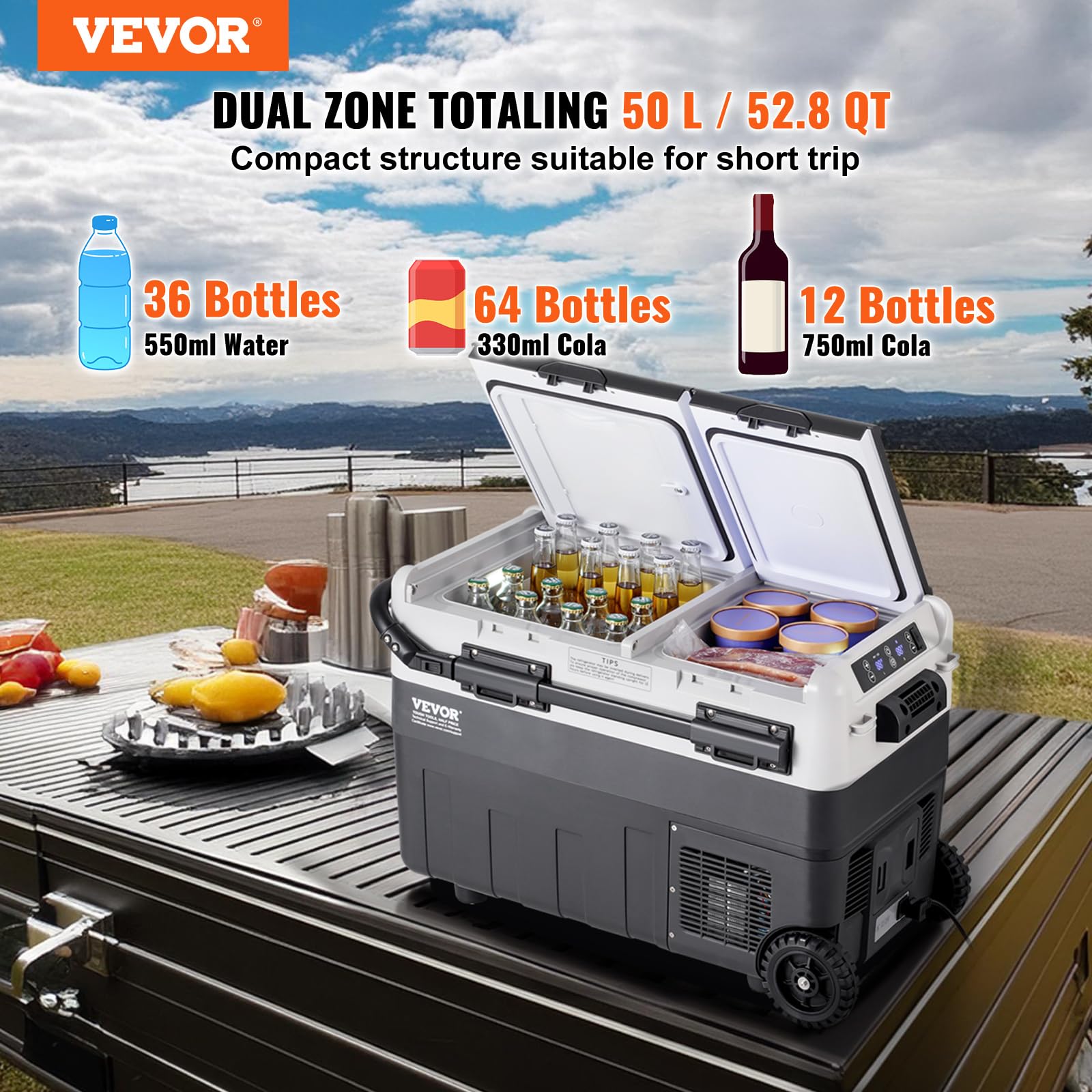 VEVOR Refrigerador Portátil para Automóvil, Doble Zona de 50 L Temperatura Ajustable de -20~20 ℃, Refrigerador con Compresor para el Hogar, Campamentos, Vehículos Recreativos, 708 x 440 x 551 mm