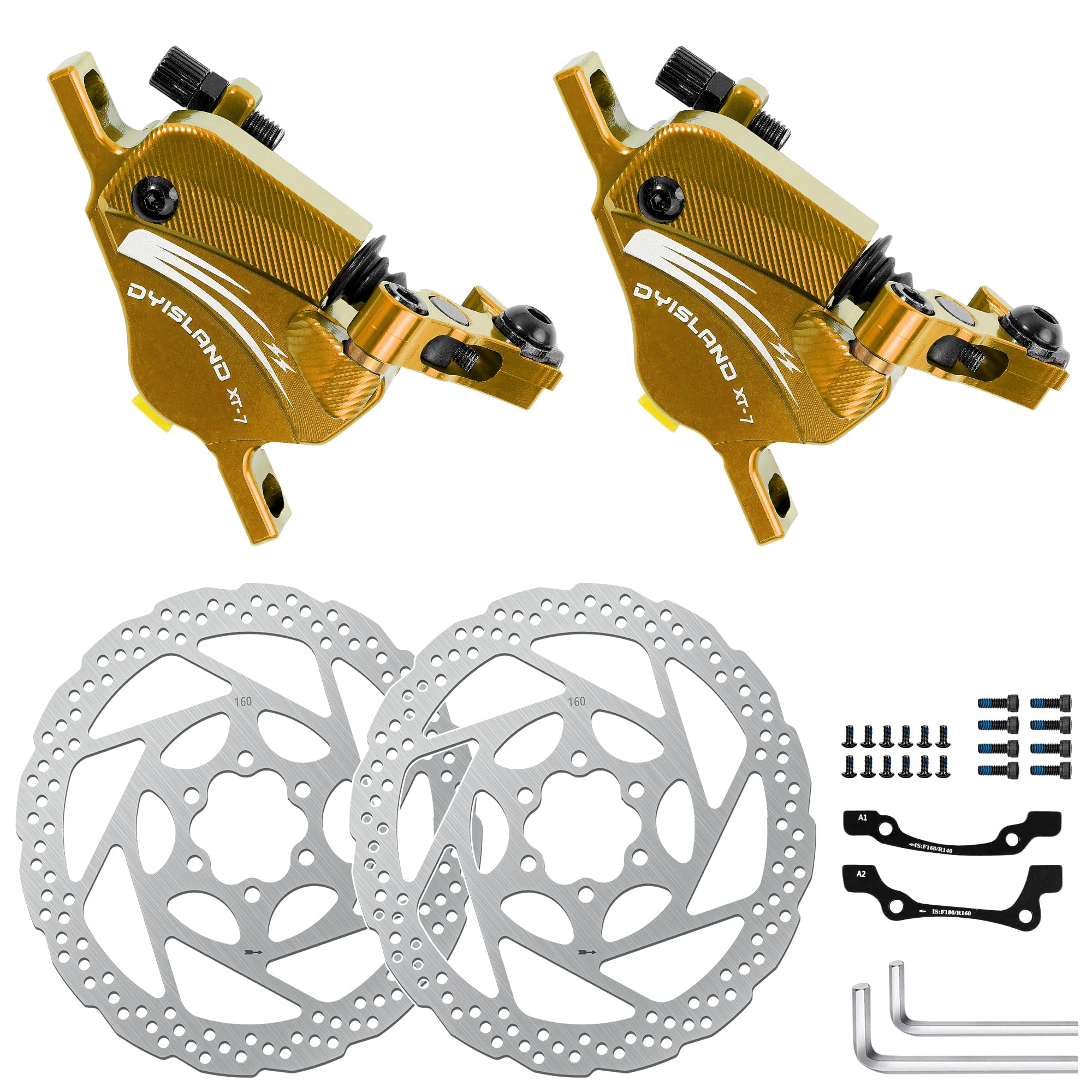 DYISLAND XT-7 Hydraulic Disc Brakes Calipers,Line Pulling/Cable Actuated Front & Rear Brake Calipers for MTB/Mountain/Road Bike/E-Bike (Gold-Brakes)