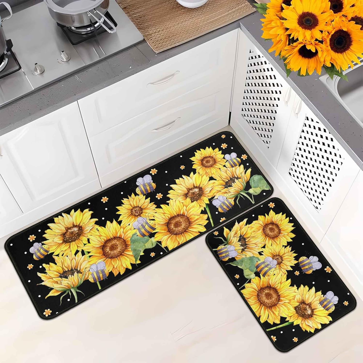 Sunflower Bee Kitchen Mat Set of 2, Watercolor Sunflower & Bee Print, Non-Slip Absorbent Kitchen Rugs for Floor, Laundry, Hallway & Farmhouse Decor 17"x47"+17"x30"