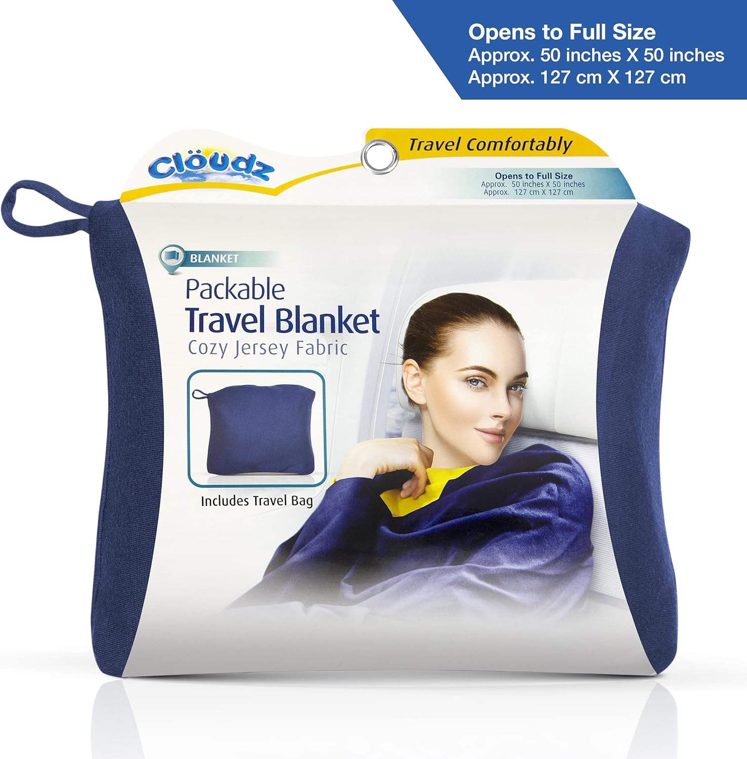 Cloudz Super Soft Jersey Airplane Travel Blanket for Your Flight, Car, Camping, Home or Comforting Warmth Anywhere! Large in Size at 50"x 50" and Includes a Bag! - Blue - Image 3