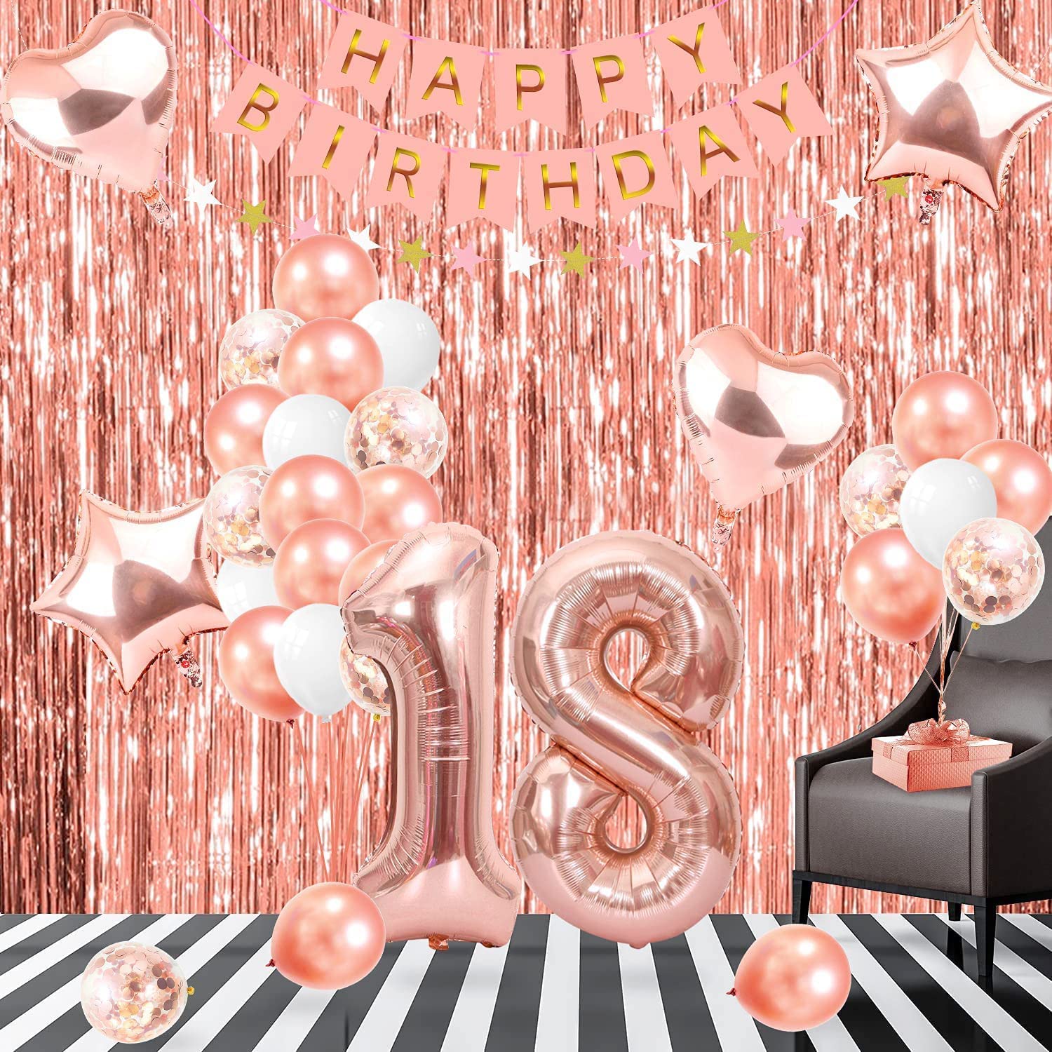 18th Birthday Decorations For Girls - Rose Gold & Pink Balloon Kit With Banner, Fringe & More - View #3