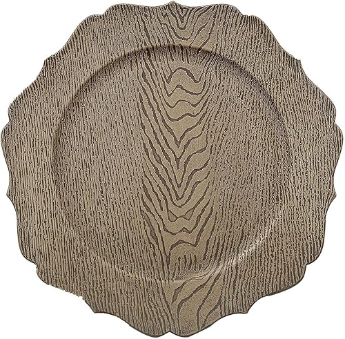 Miniatura 7 de Efavormart - Paquete de 6 platos de carga acrílicos texturizados de madera natural rústica de 13 pulgadas con borde festoneado